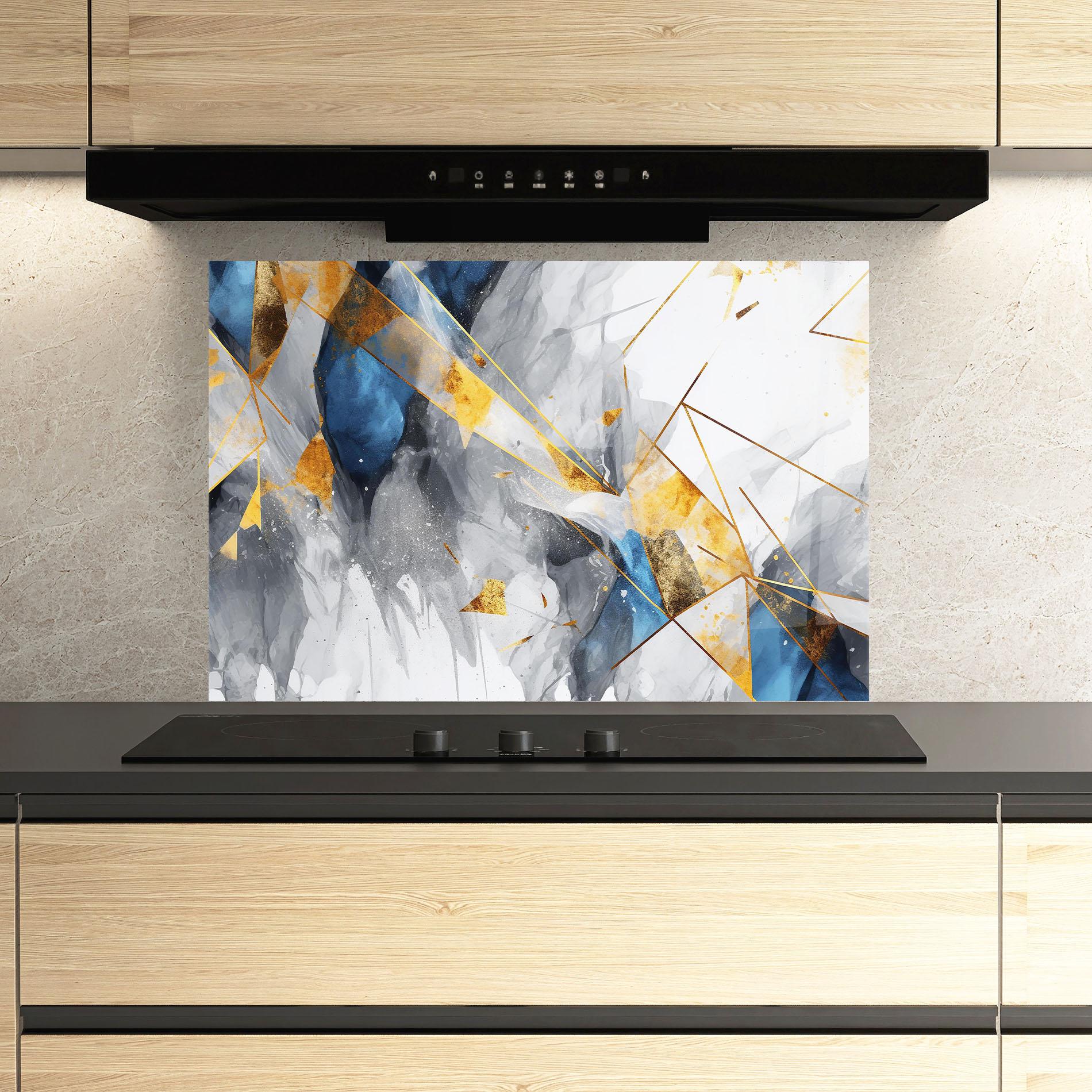 Küchenrückwand Glas Abstract Gold Blue Pattern mockup 3