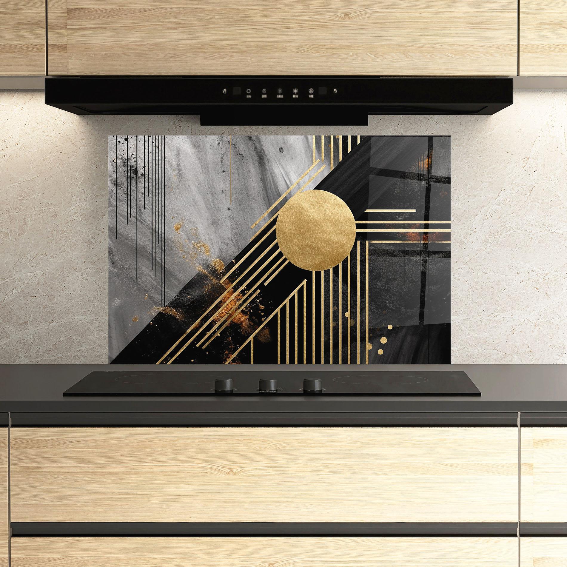 Küchenrückwand Glas Gold Circle With Lines mockup 3