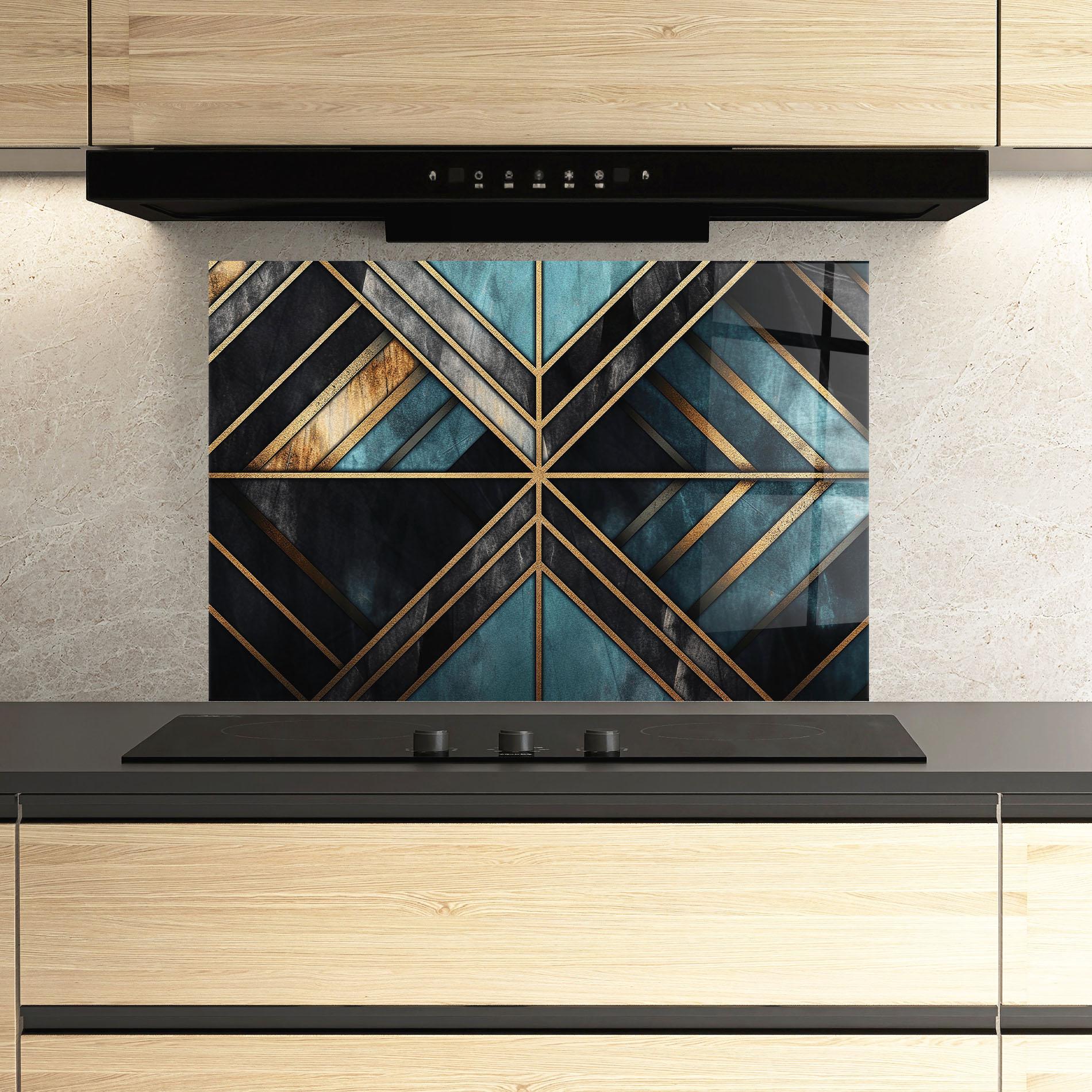 Küchenrückwand Glas Gold Lines On Blue Painting mockup 3