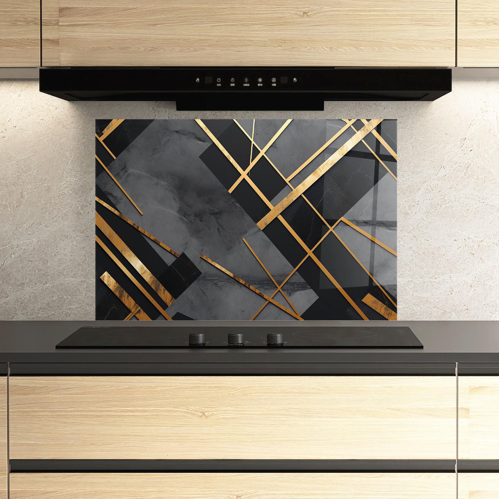 Küchenrückwand Glas Grey Painting With Gold Lines mockup 3