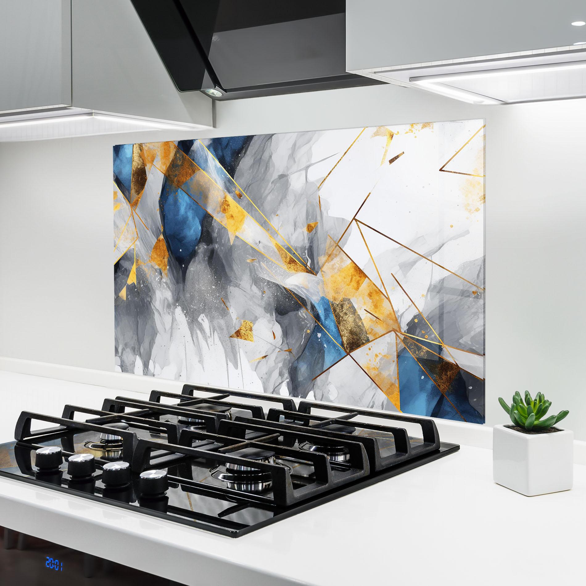 Küchenrückwand Glas Abstract Gold Blue Pattern mockup 6