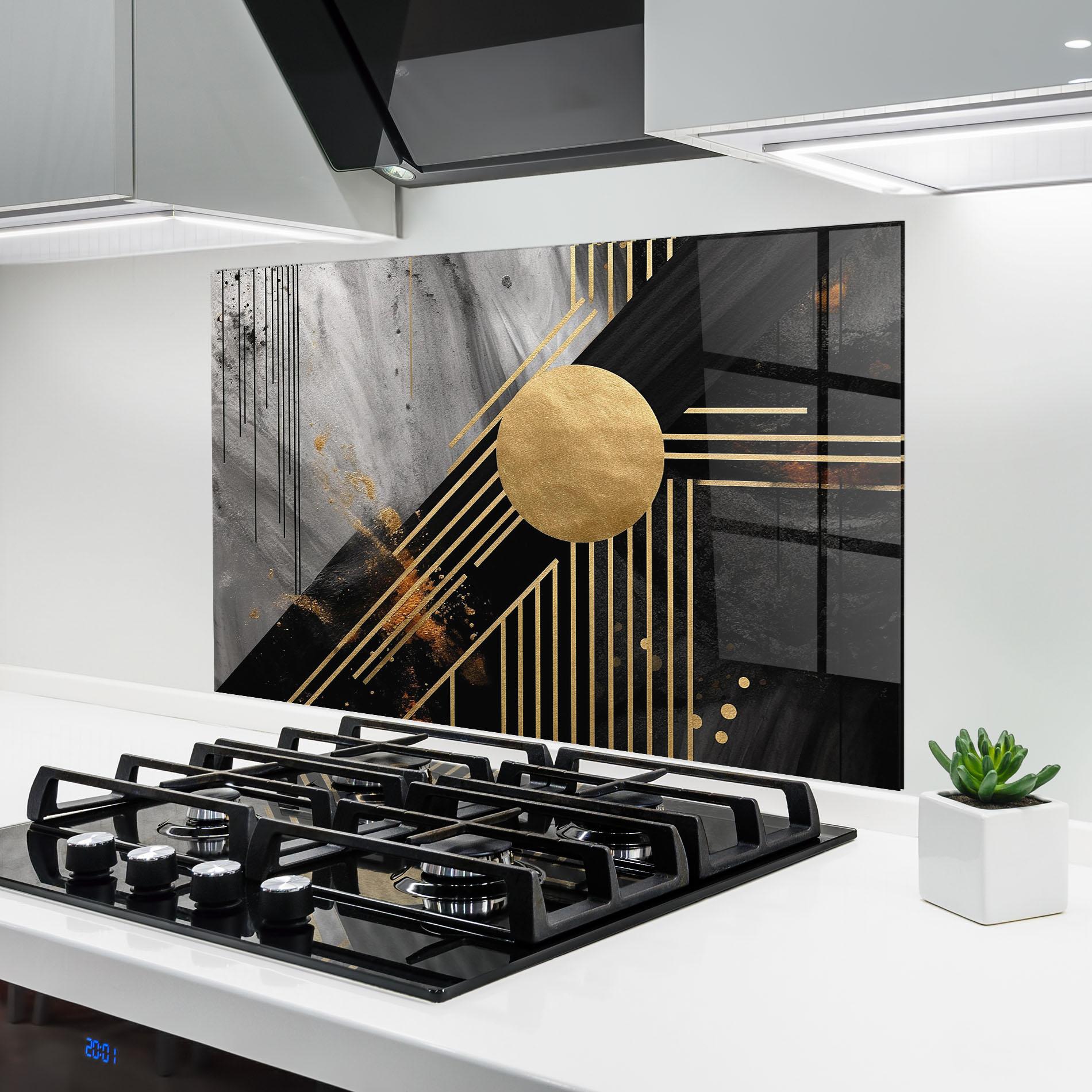 Küchenrückwand Glas Gold Circle With Lines mockup 6