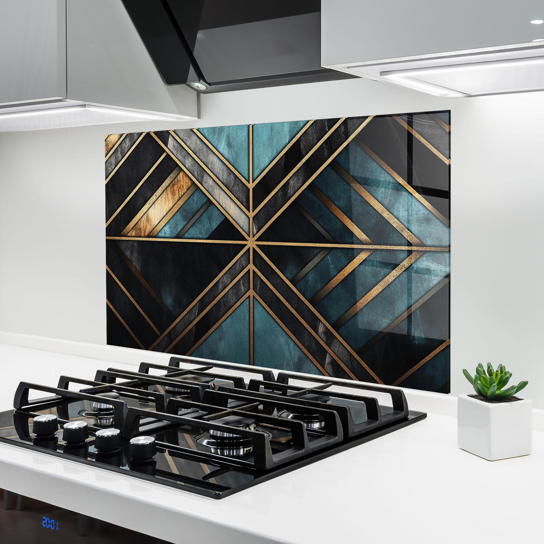 Küchenrückwand Glas Gold Lines On Blue Painting mockup 6