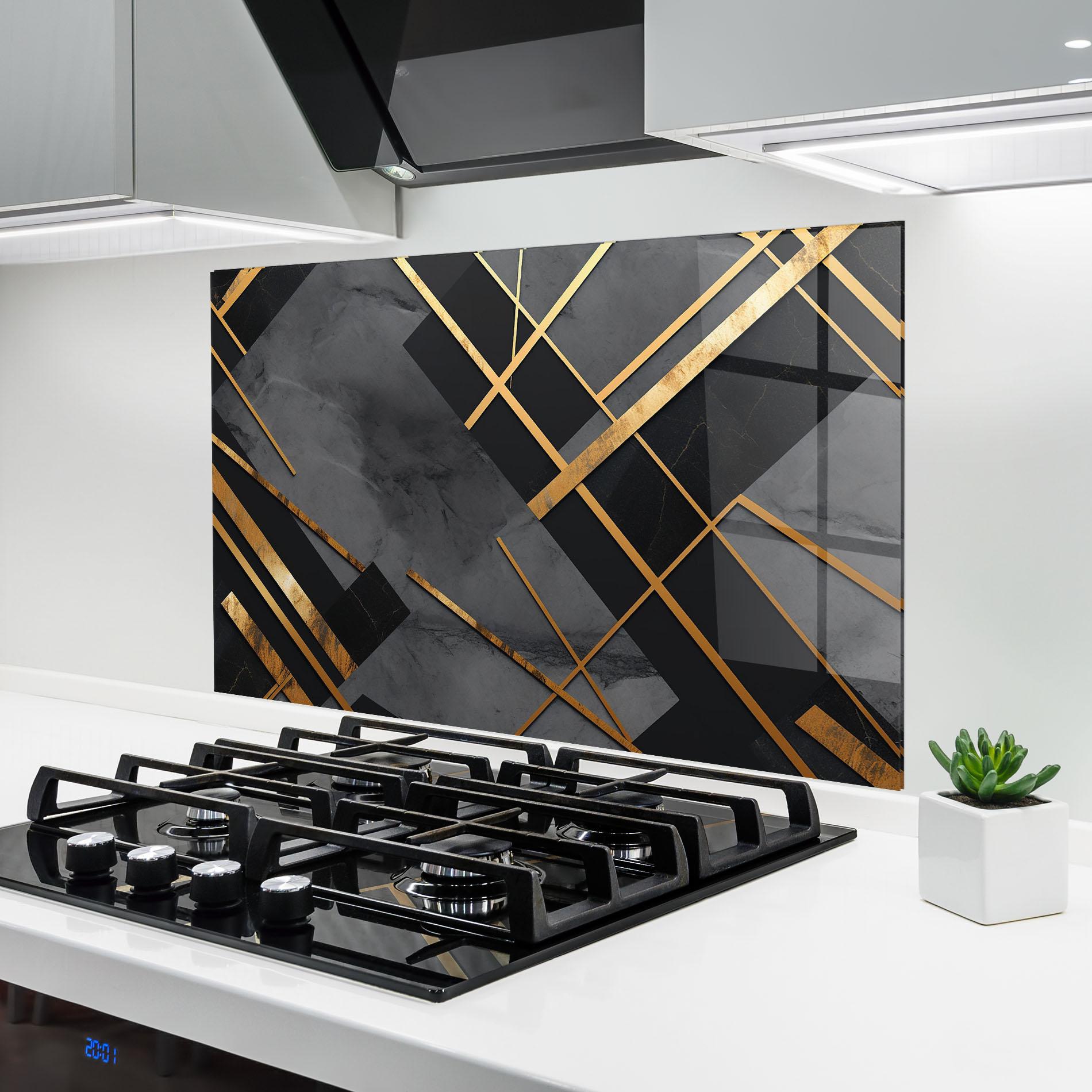 Küchenrückwand Glas Grey Painting With Gold Lines mockup 6