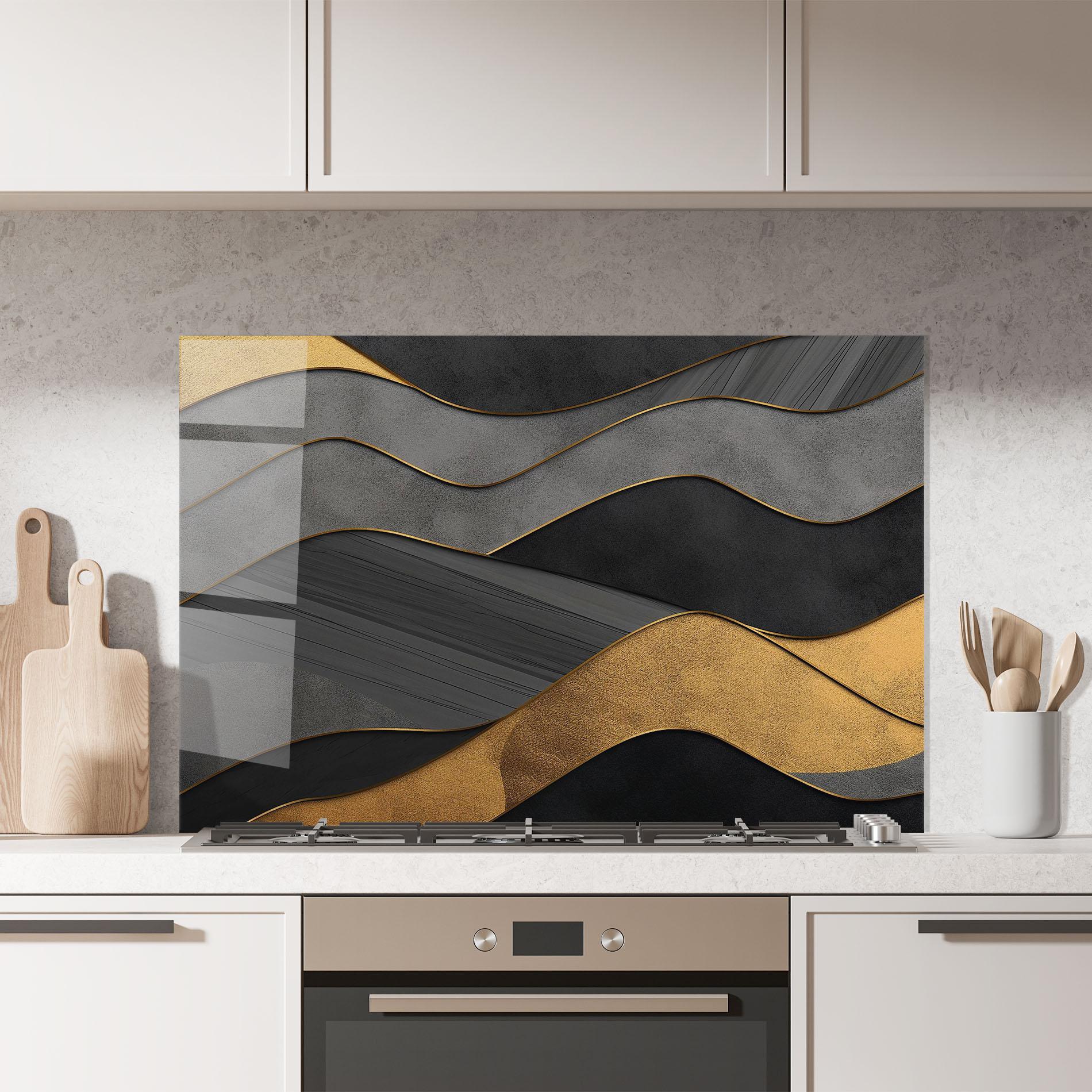 Küchenrückwand Glas Abstract Gold And Grey Waves mockup 7