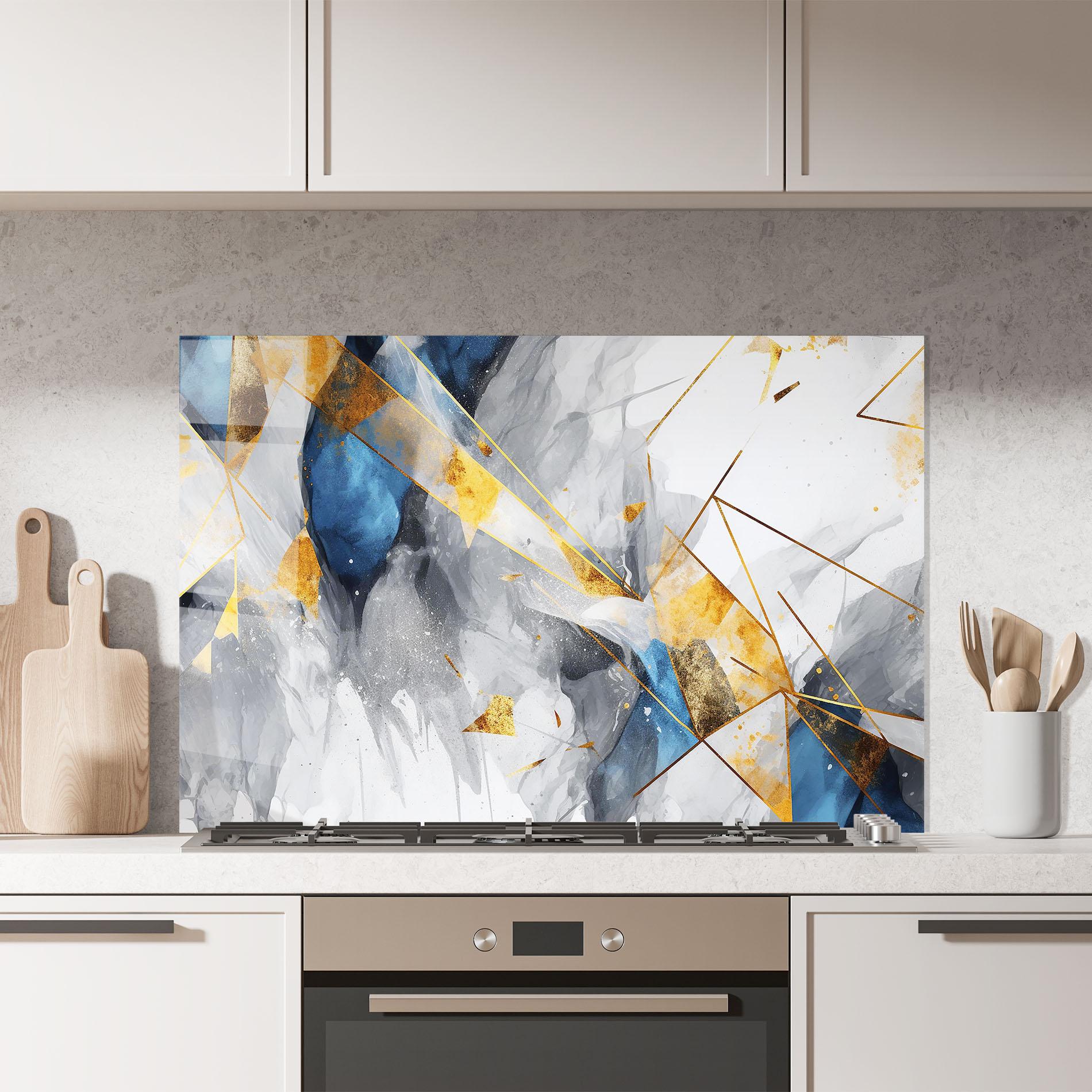 Küchenrückwand Glas Abstract Gold Blue Pattern mockup 7