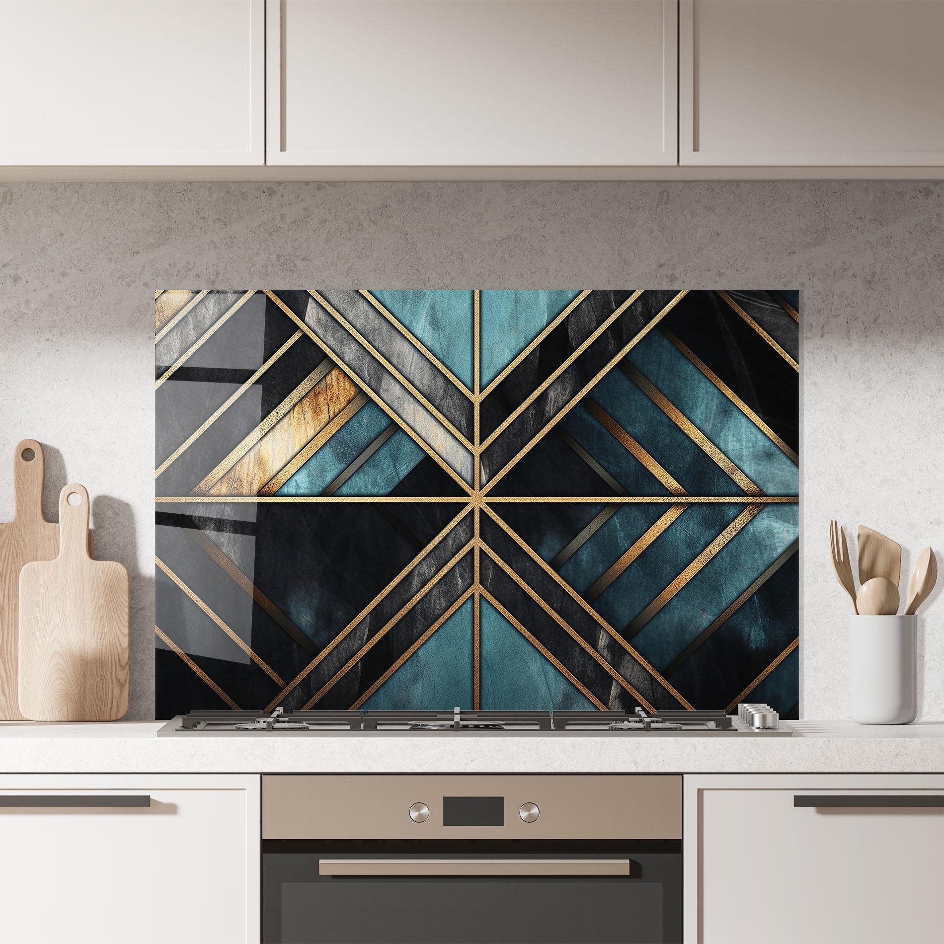 Küchenrückwand Glas Gold Lines On Blue Painting mockup 7