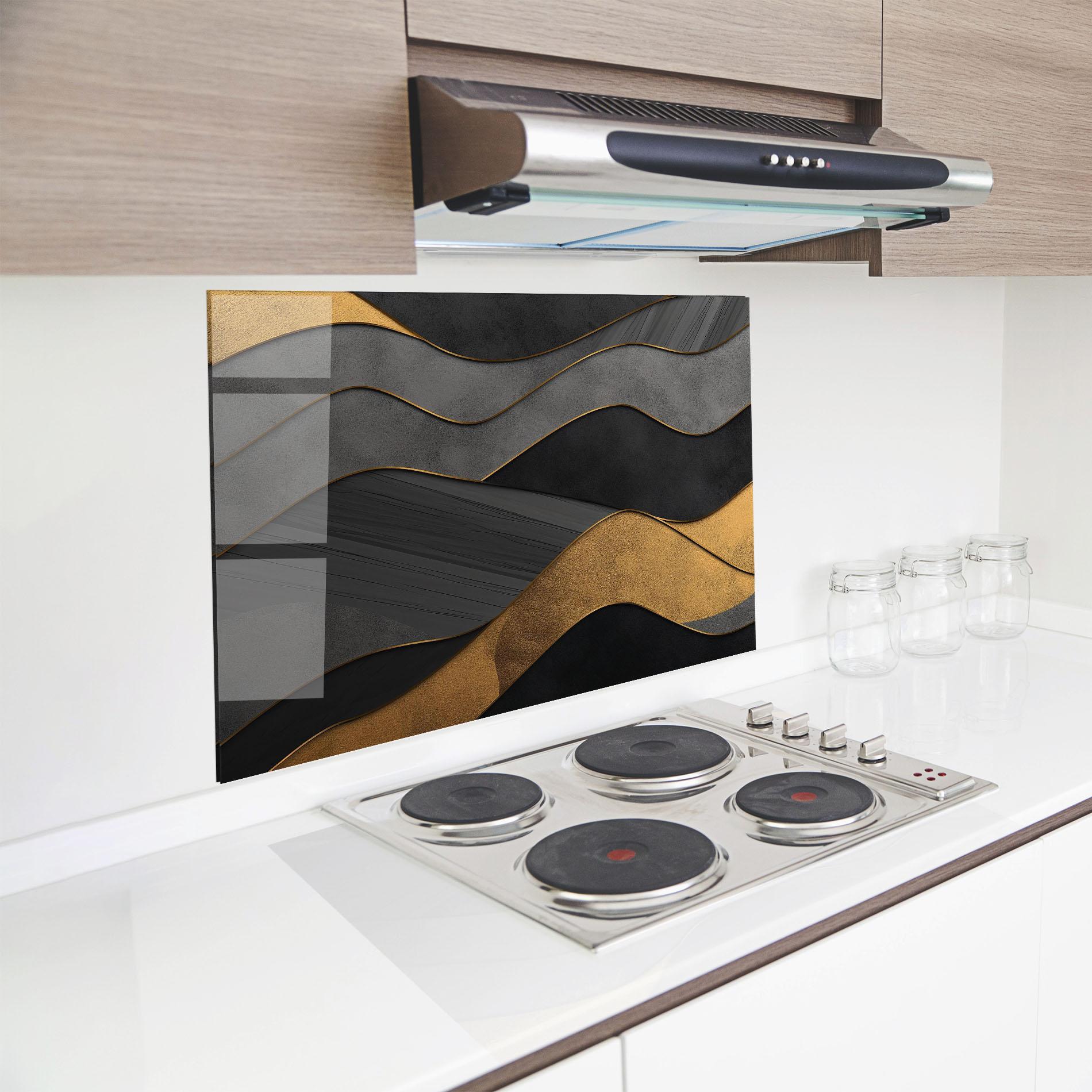 Küchenrückwand Glas Abstract Gold And Grey Waves mockup 8