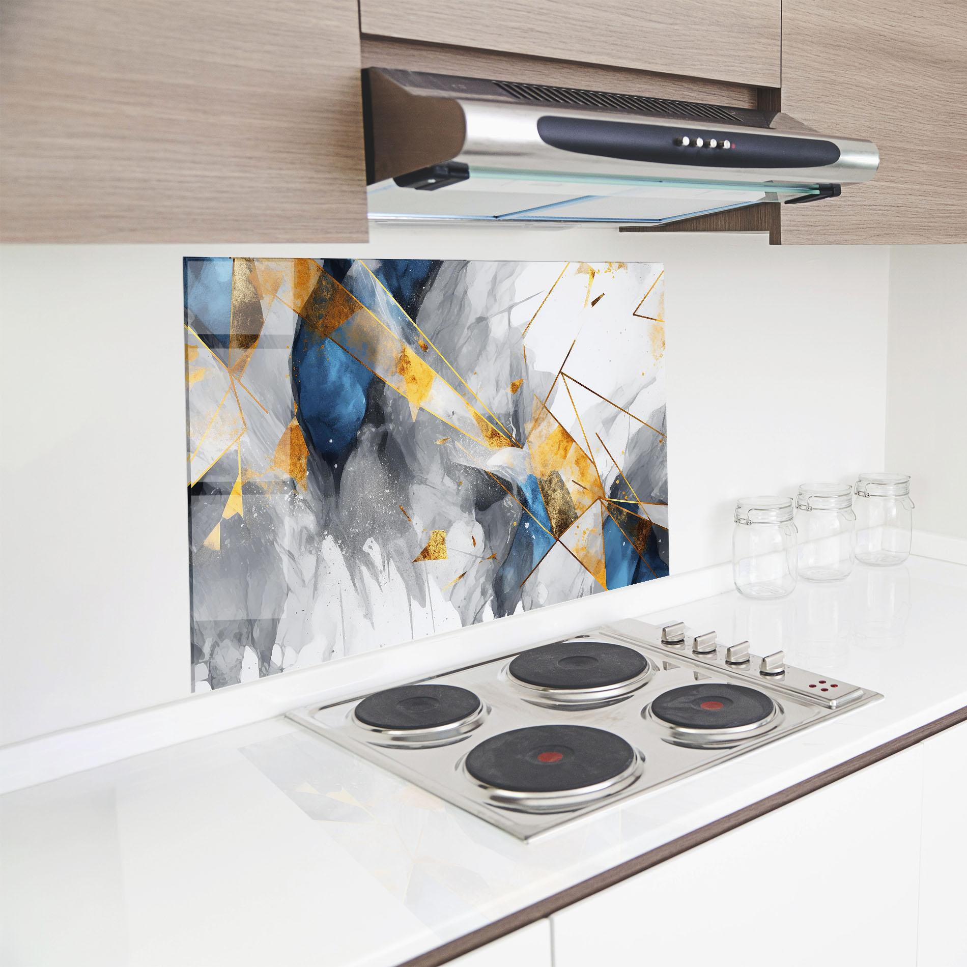 Küchenrückwand Glas Abstract Gold Blue Pattern mockup 8