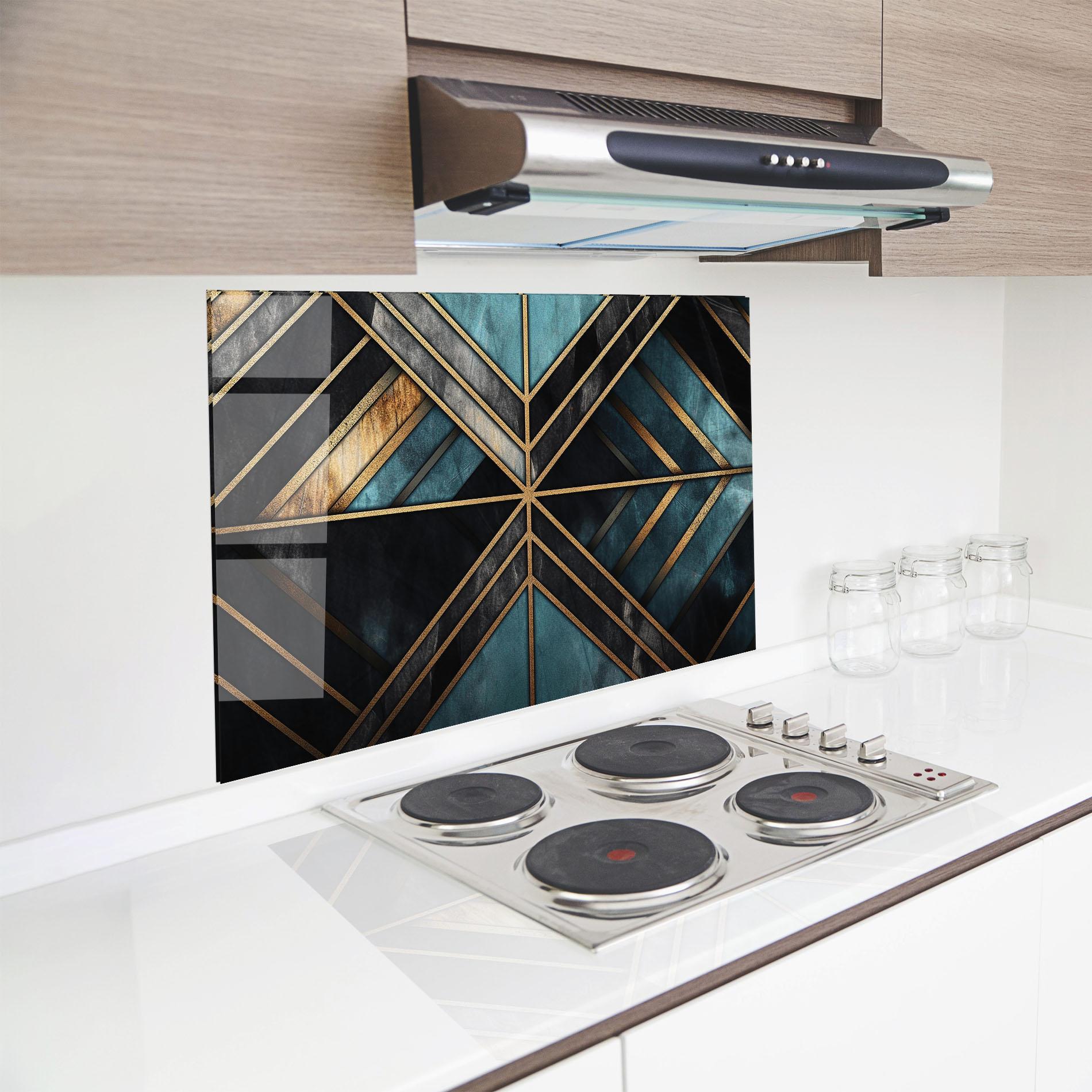 Küchenrückwand Glas Gold Lines On Blue Painting mockup 8