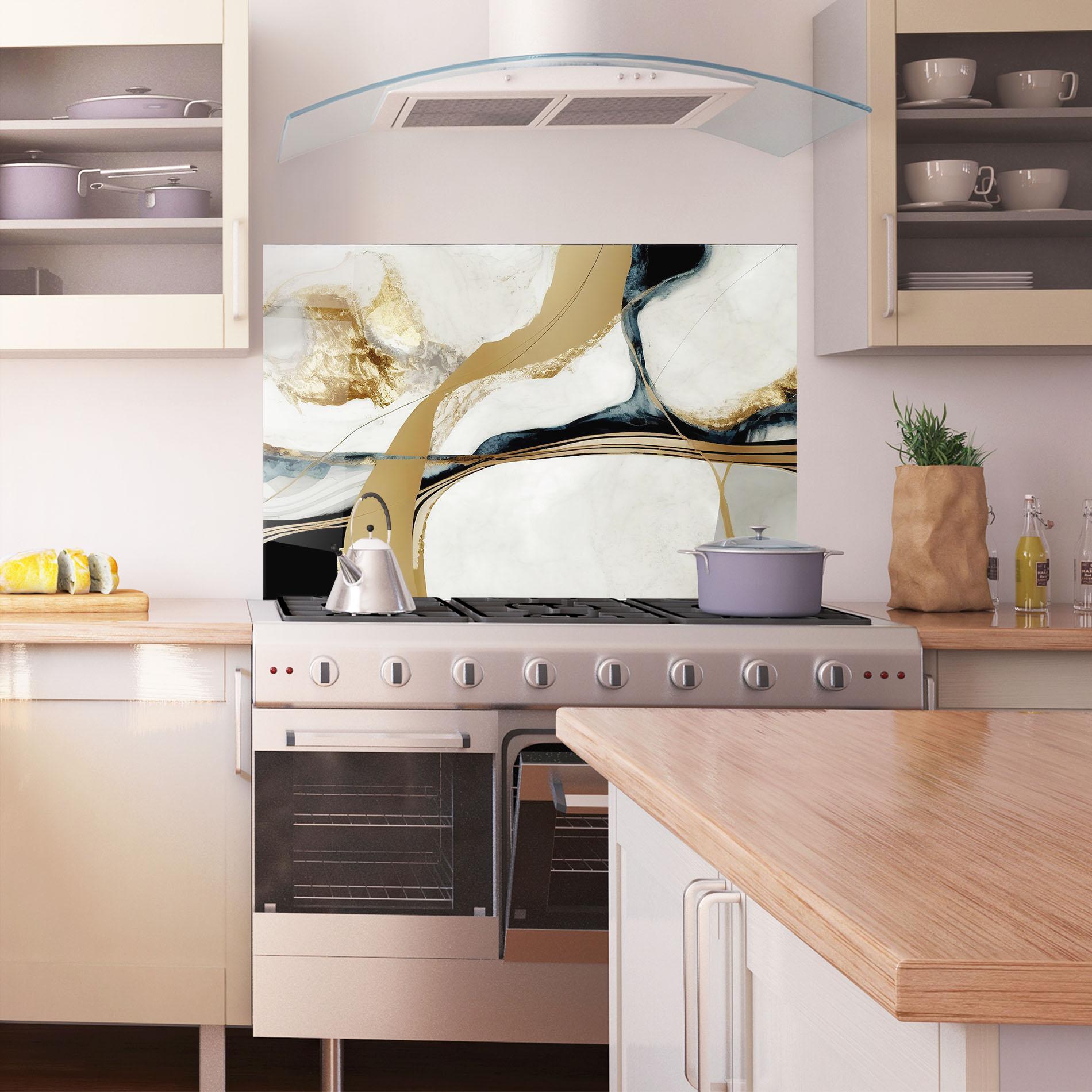 Küchenrückwand Glas Golden Blue Marble mockup 1
