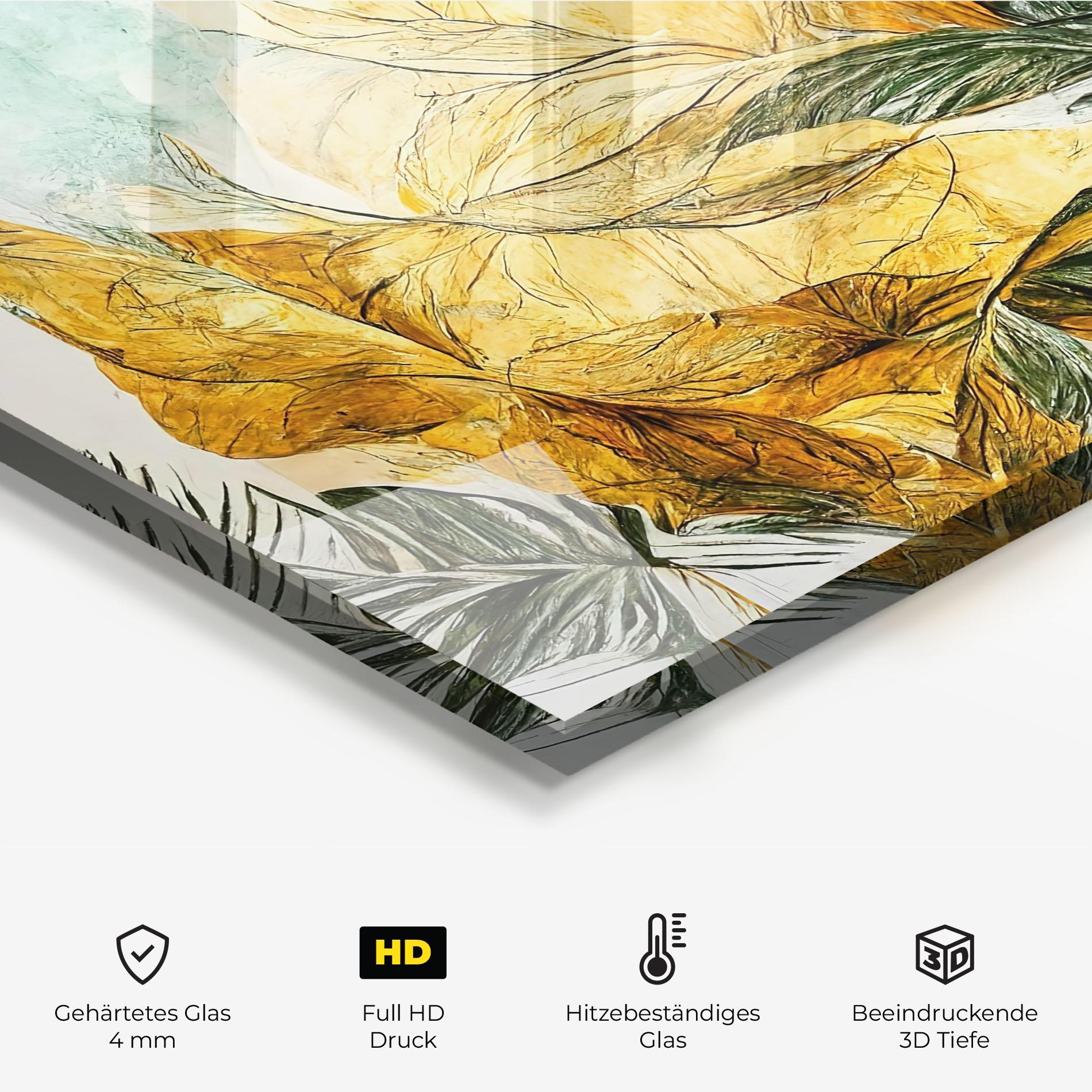 Küchenrückwand Glas Gold And Green Leafes mockup 2