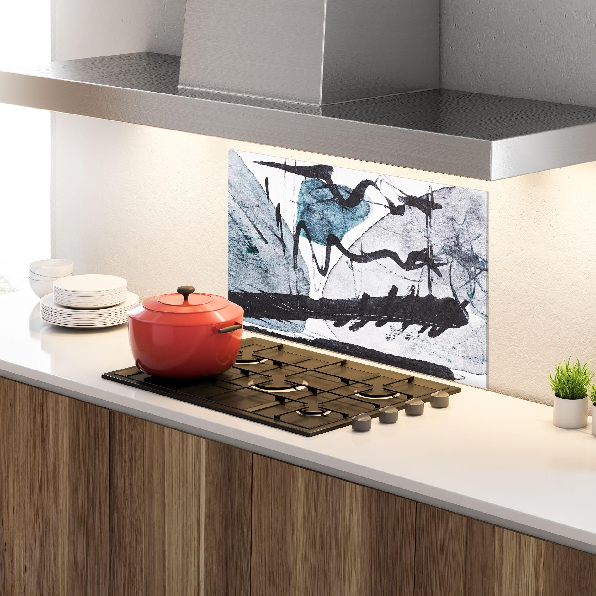 Küchenrückwand Glas Black Grey Lines mockup 4