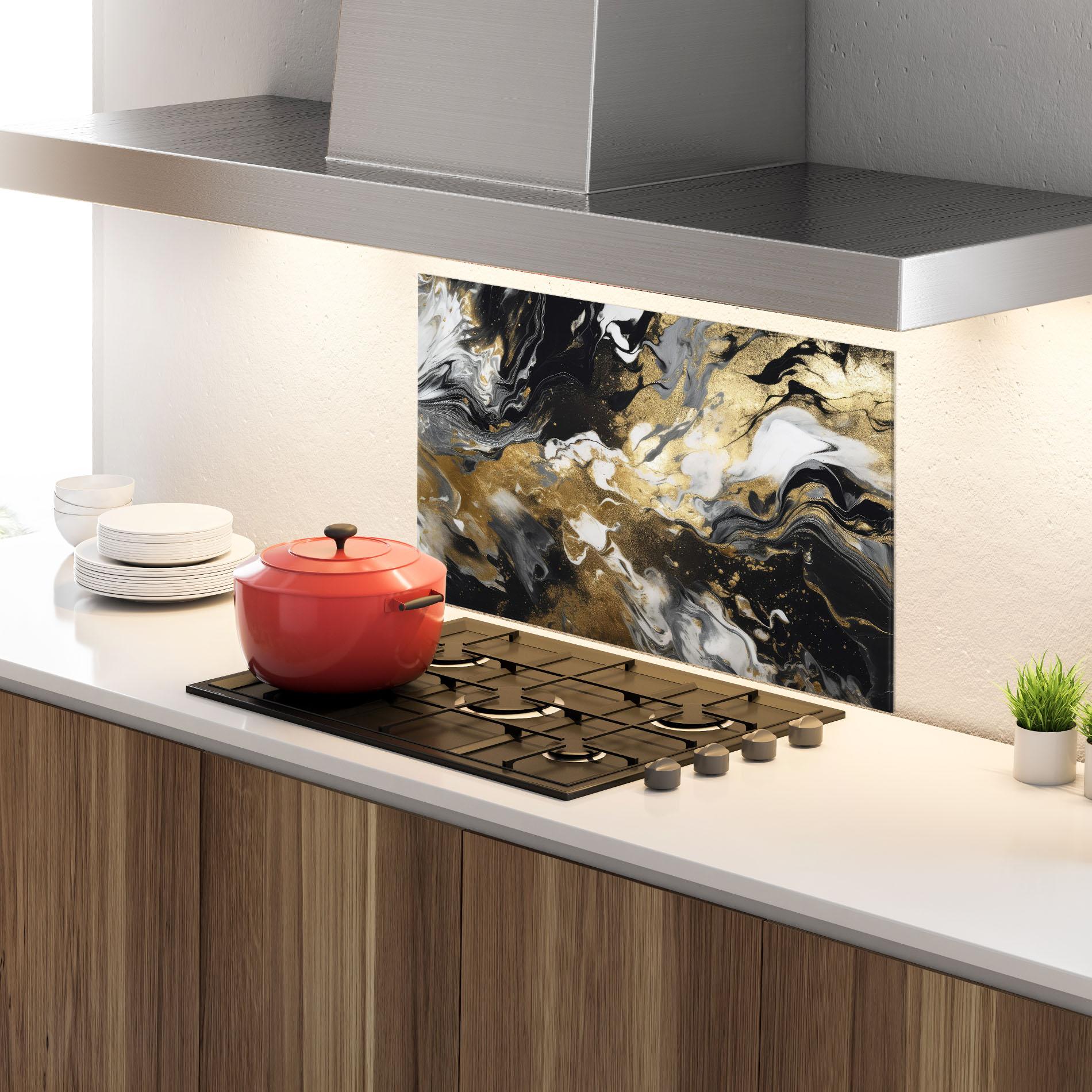 Küchenrückwand Glas Gold Acrylic Fluid mockup 4