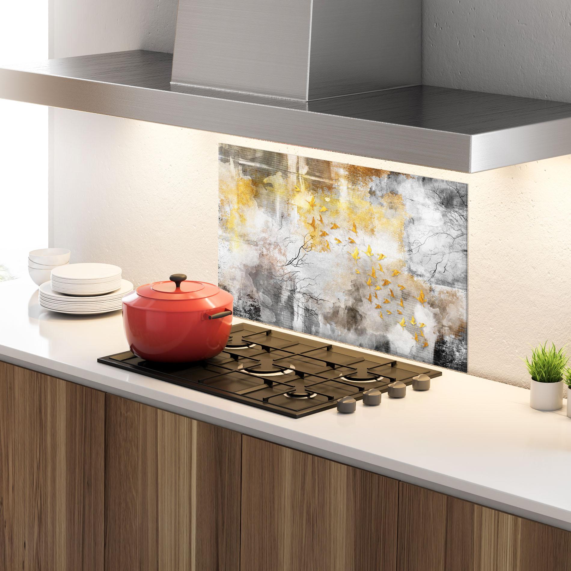 Küchenrückwand Glas Gold Birds Flying mockup 4