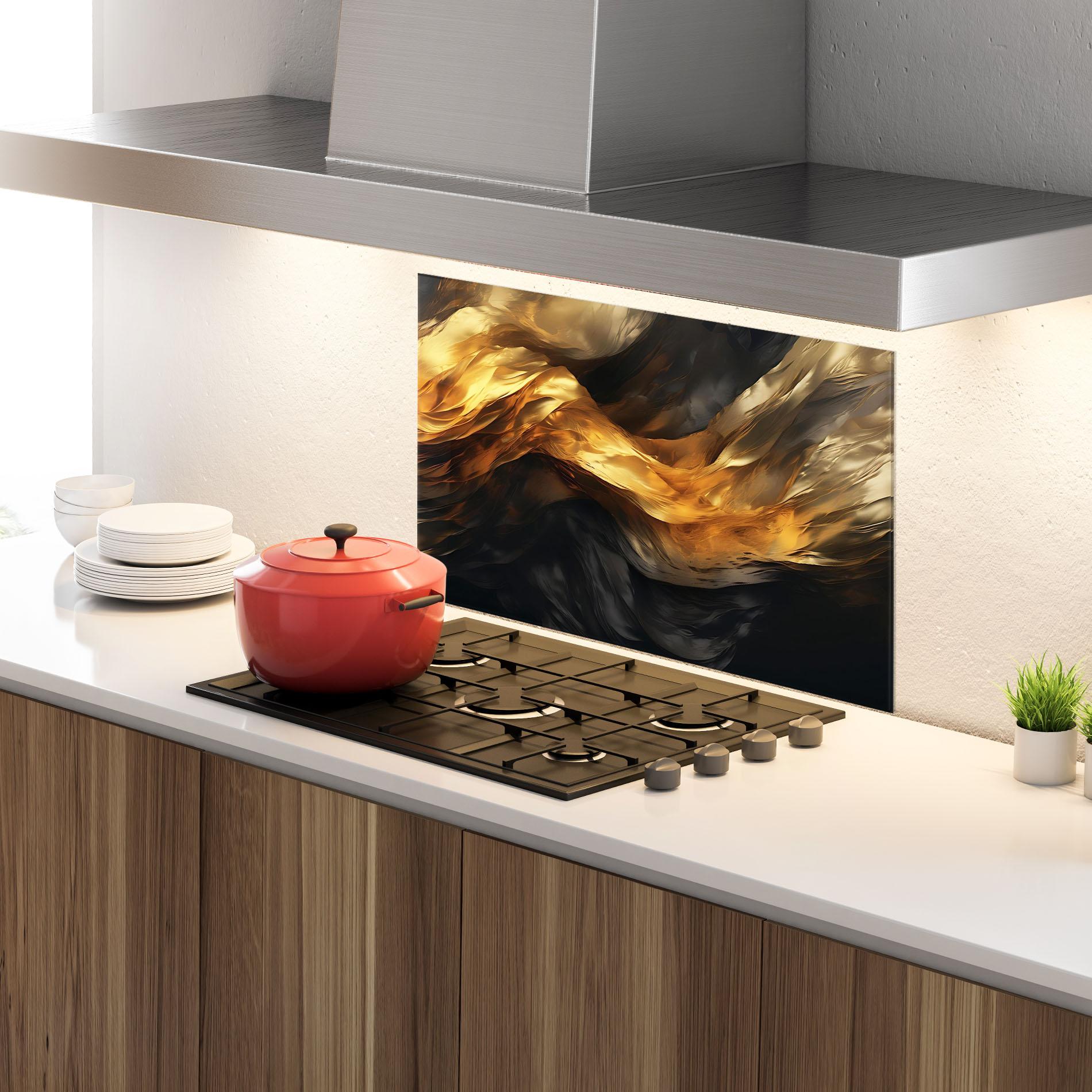 Küchenrückwand Glas Golden Waves With Black mockup 4