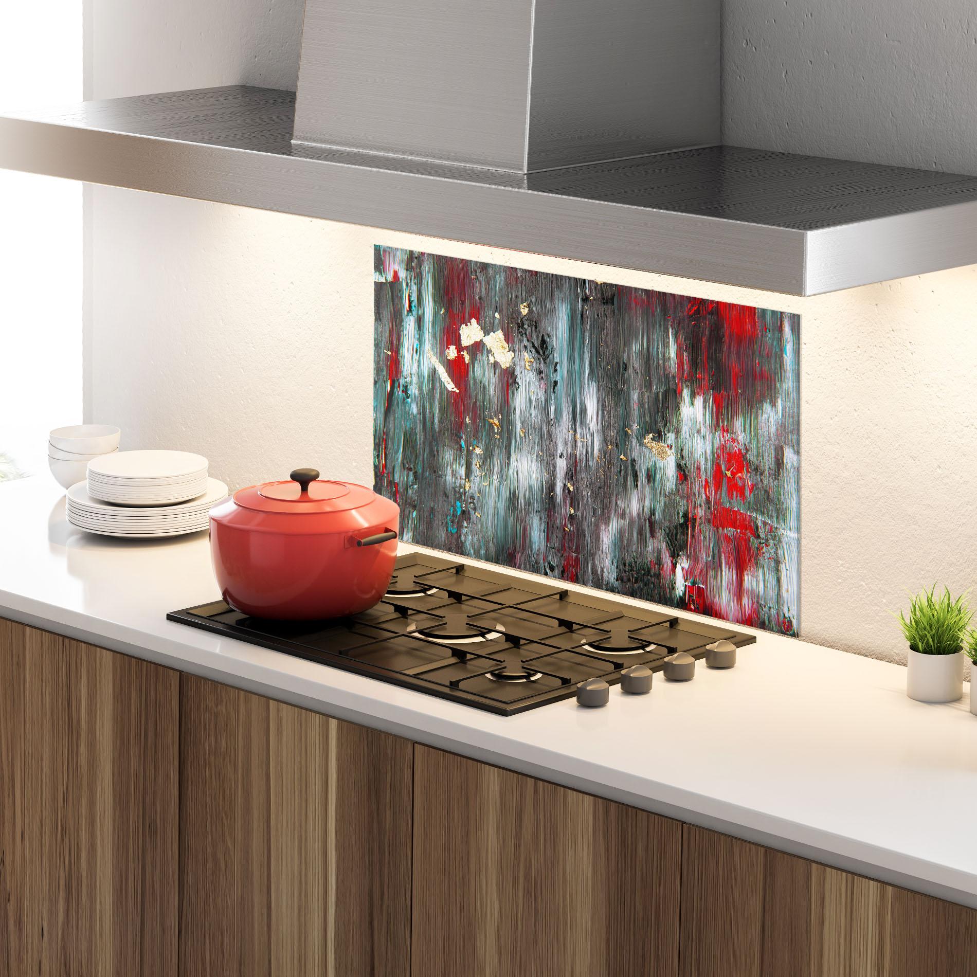 Küchenrückwand Glas Grey With Red Painting mockup 4