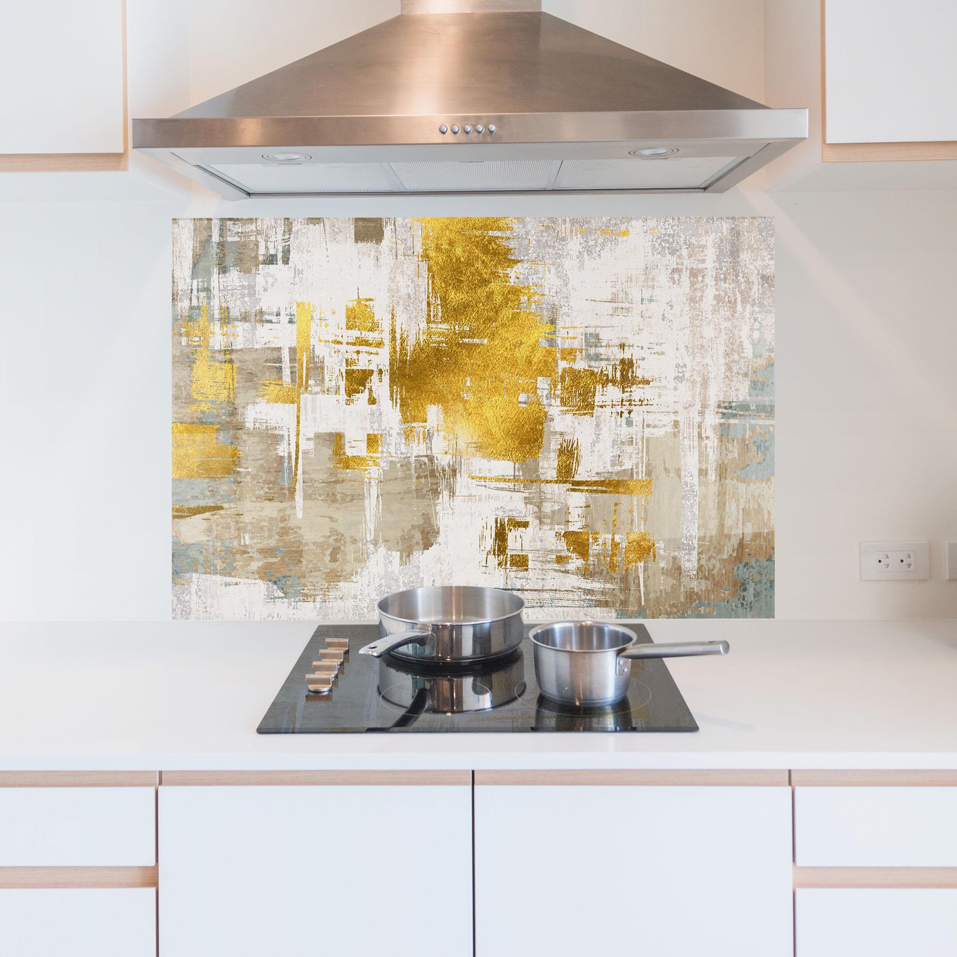 Küchenrückwand Glas Gold And White Brush mockup 5