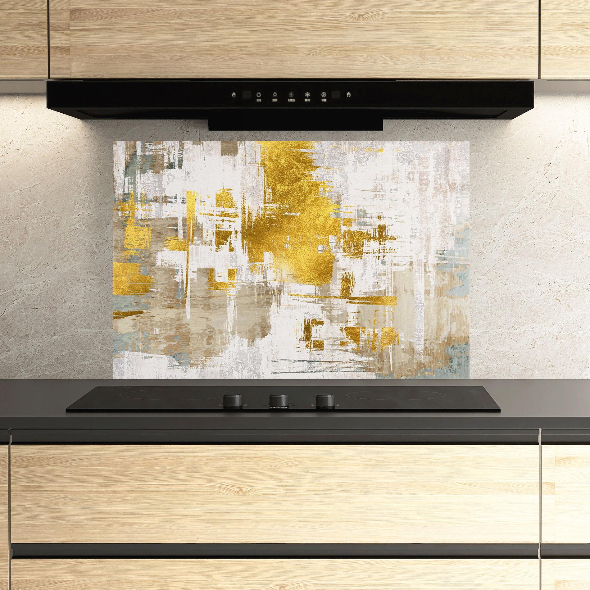 Küchenrückwand Glas Gold And White Brush mockup 3