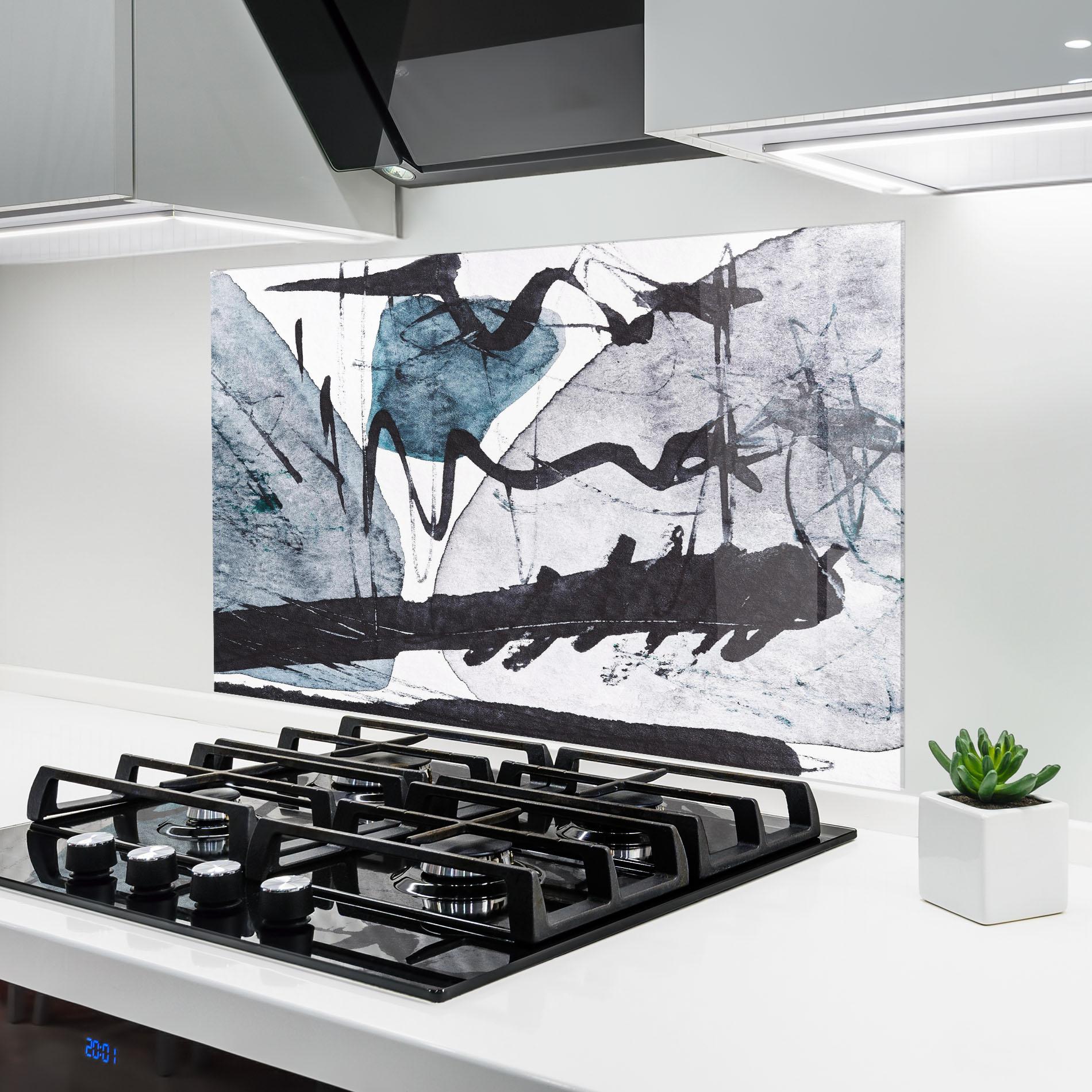 Küchenrückwand Glas Black Grey Lines mockup 6