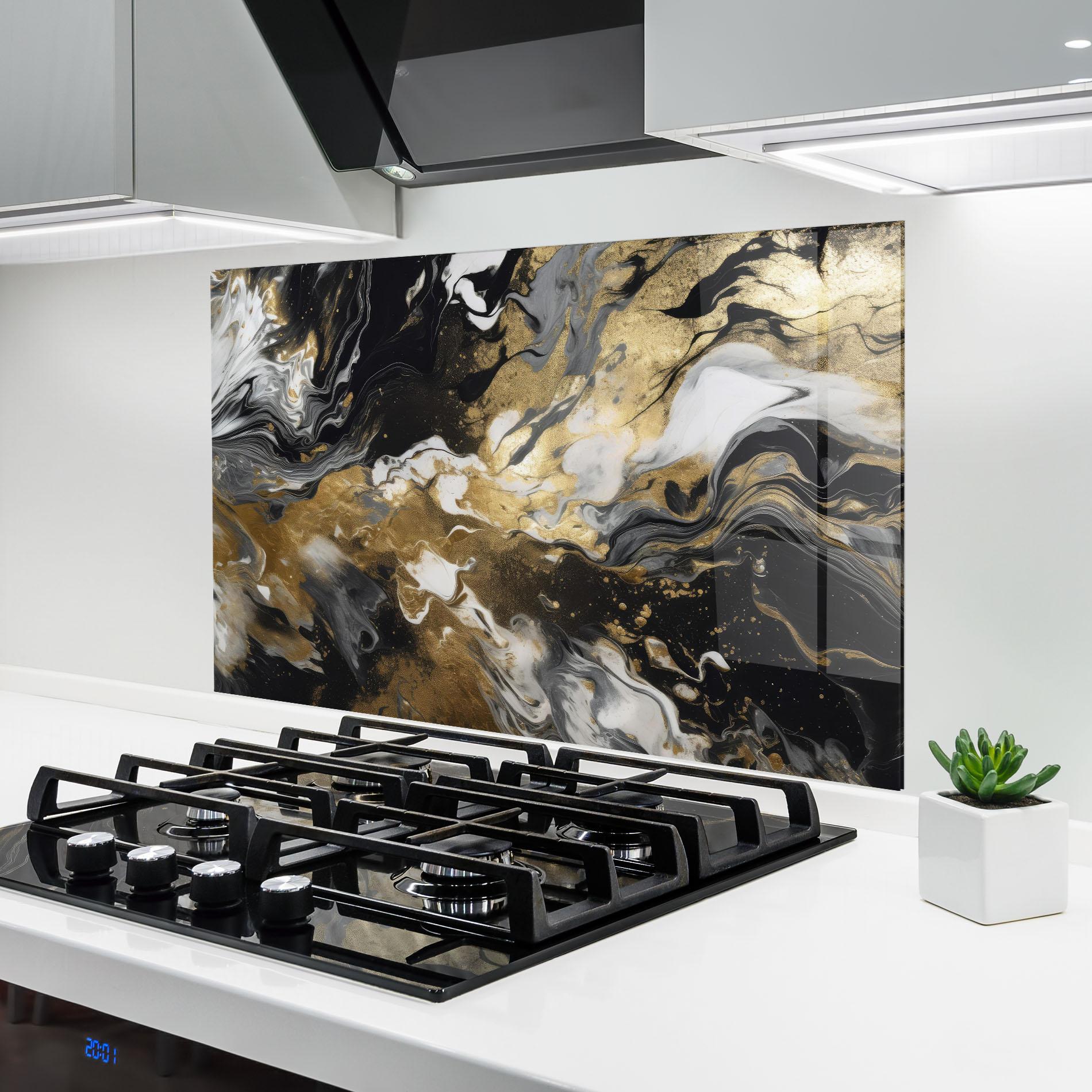 Küchenrückwand Glas Gold Acrylic Fluid mockup 6