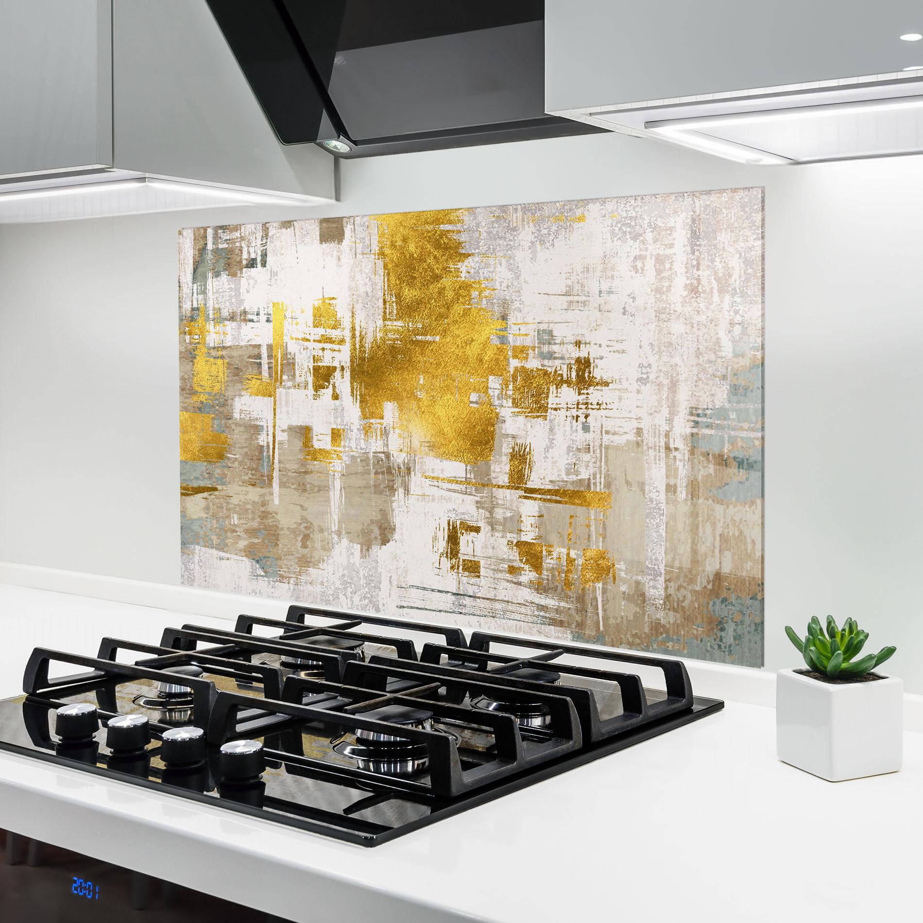 Küchenrückwand Glas Gold And White Brush mockup 6