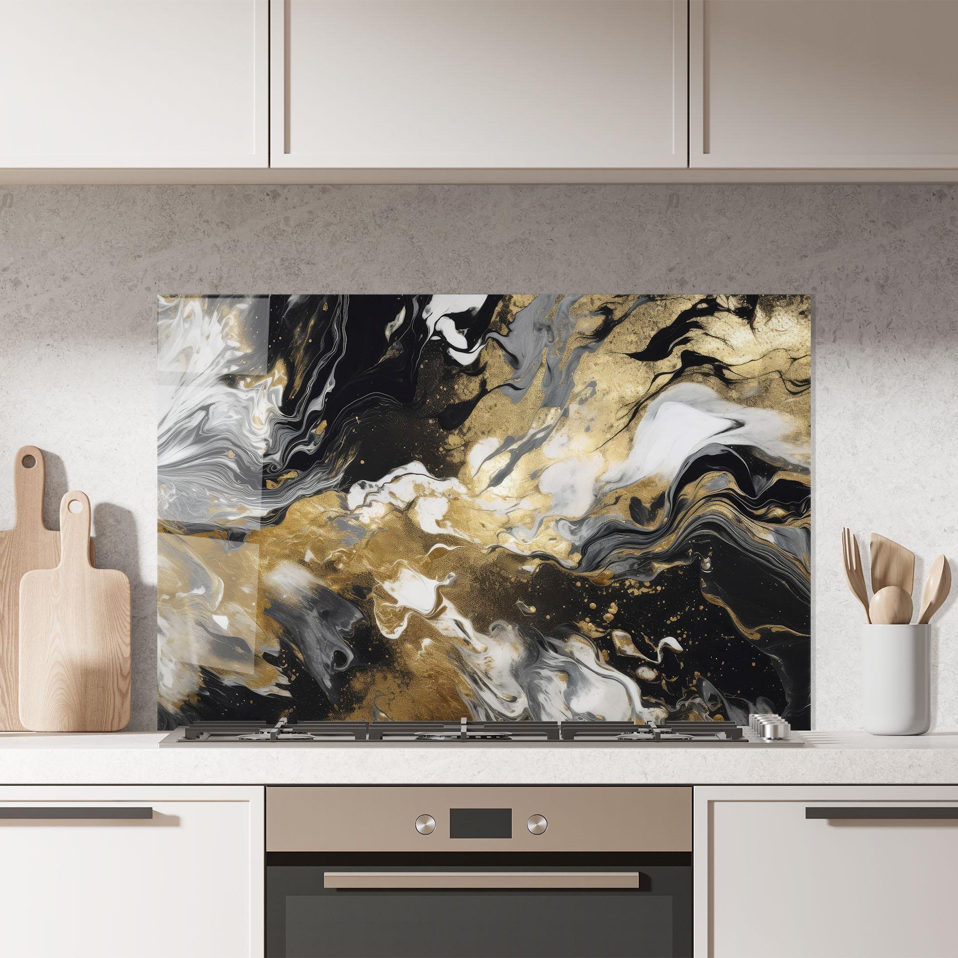 Küchenrückwand Glas Gold Acrylic Fluid mockup 7