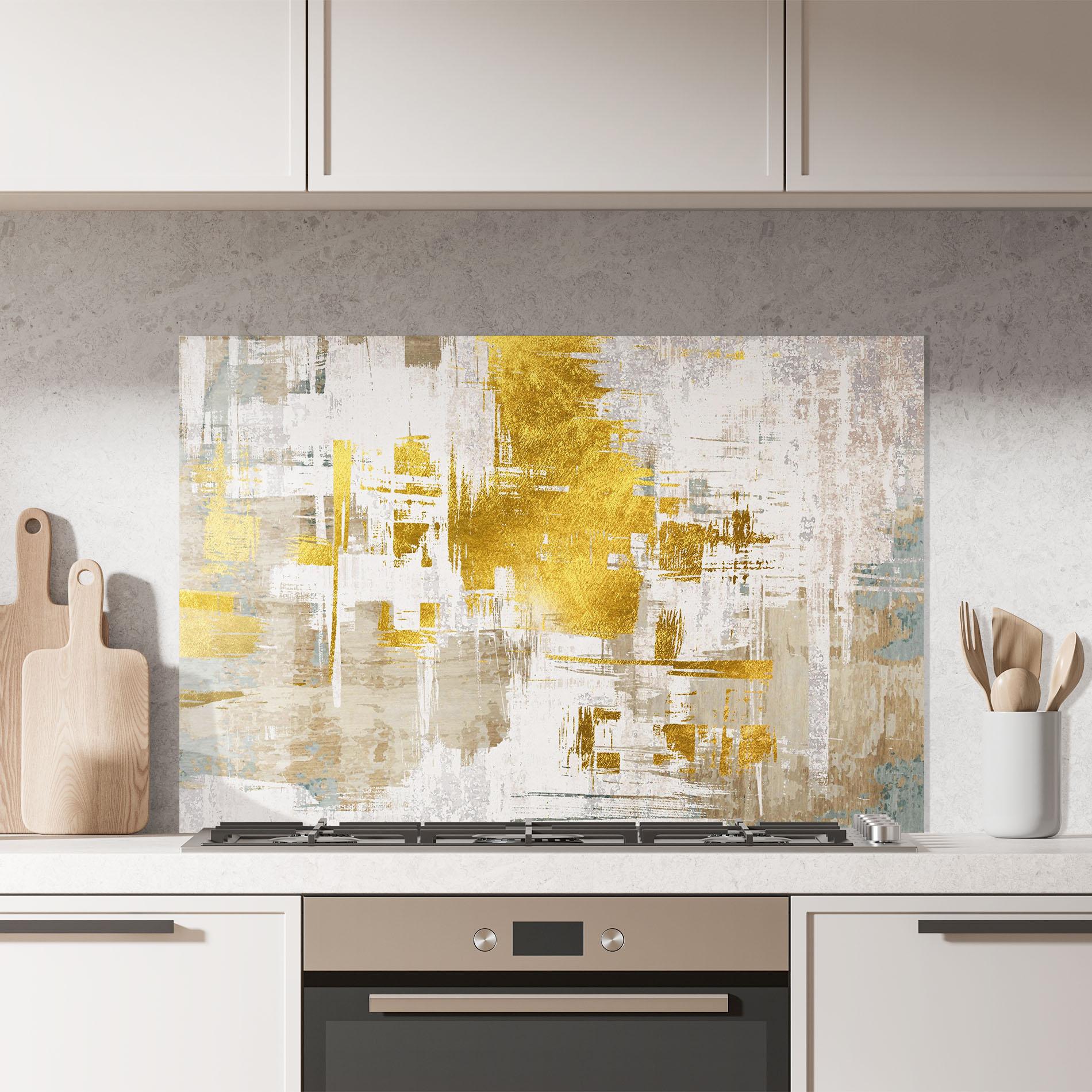 Küchenrückwand Glas Gold And White Brush mockup 7