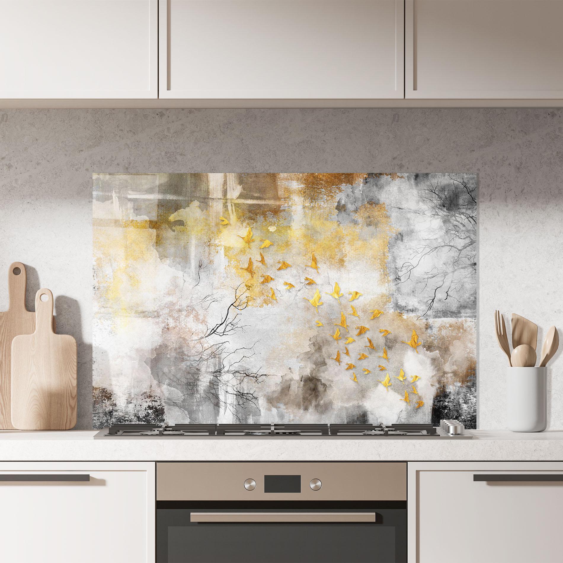 Küchenrückwand Glas Gold Birds Flying mockup 7