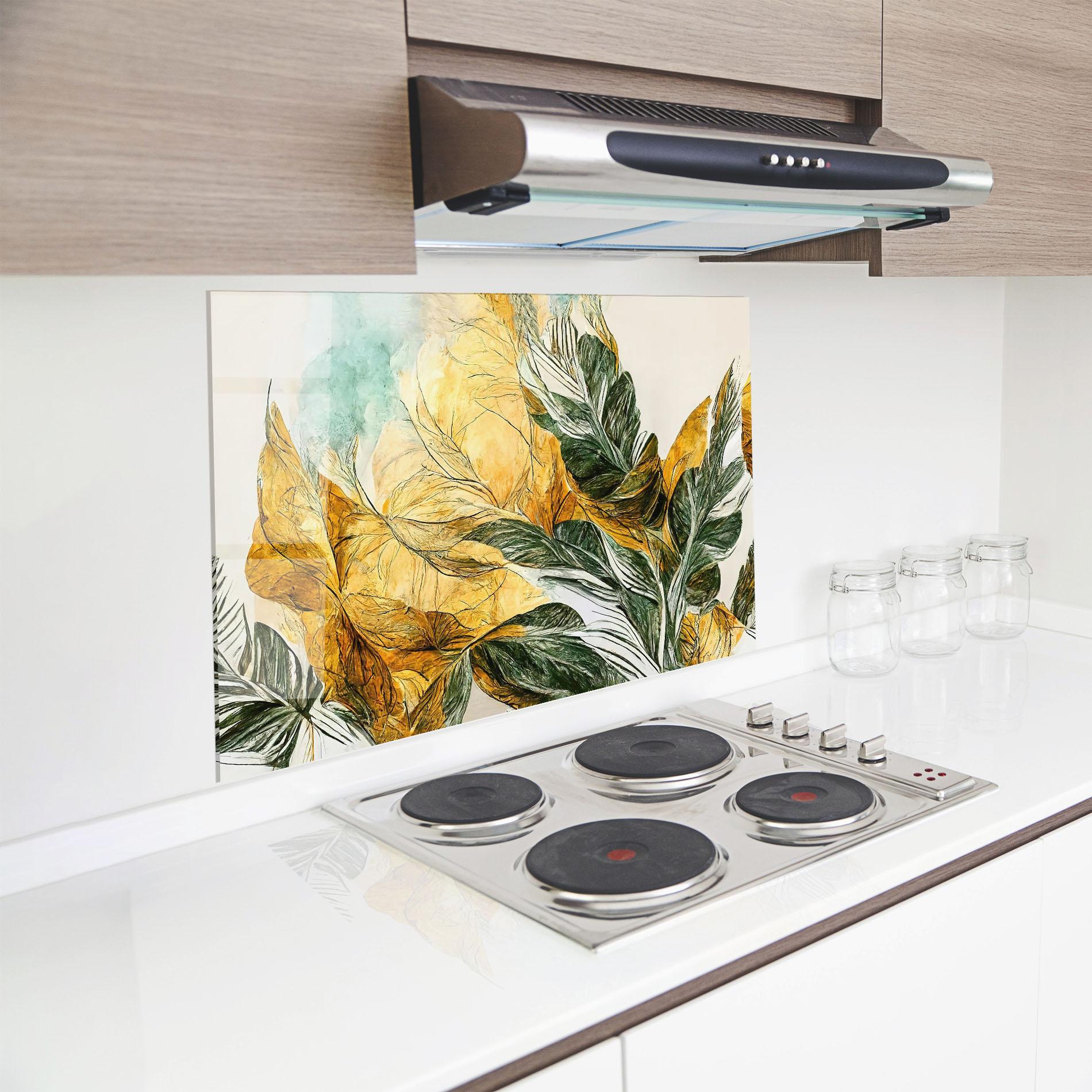 Küchenrückwand Glas Gold And Green Leafes mockup 8