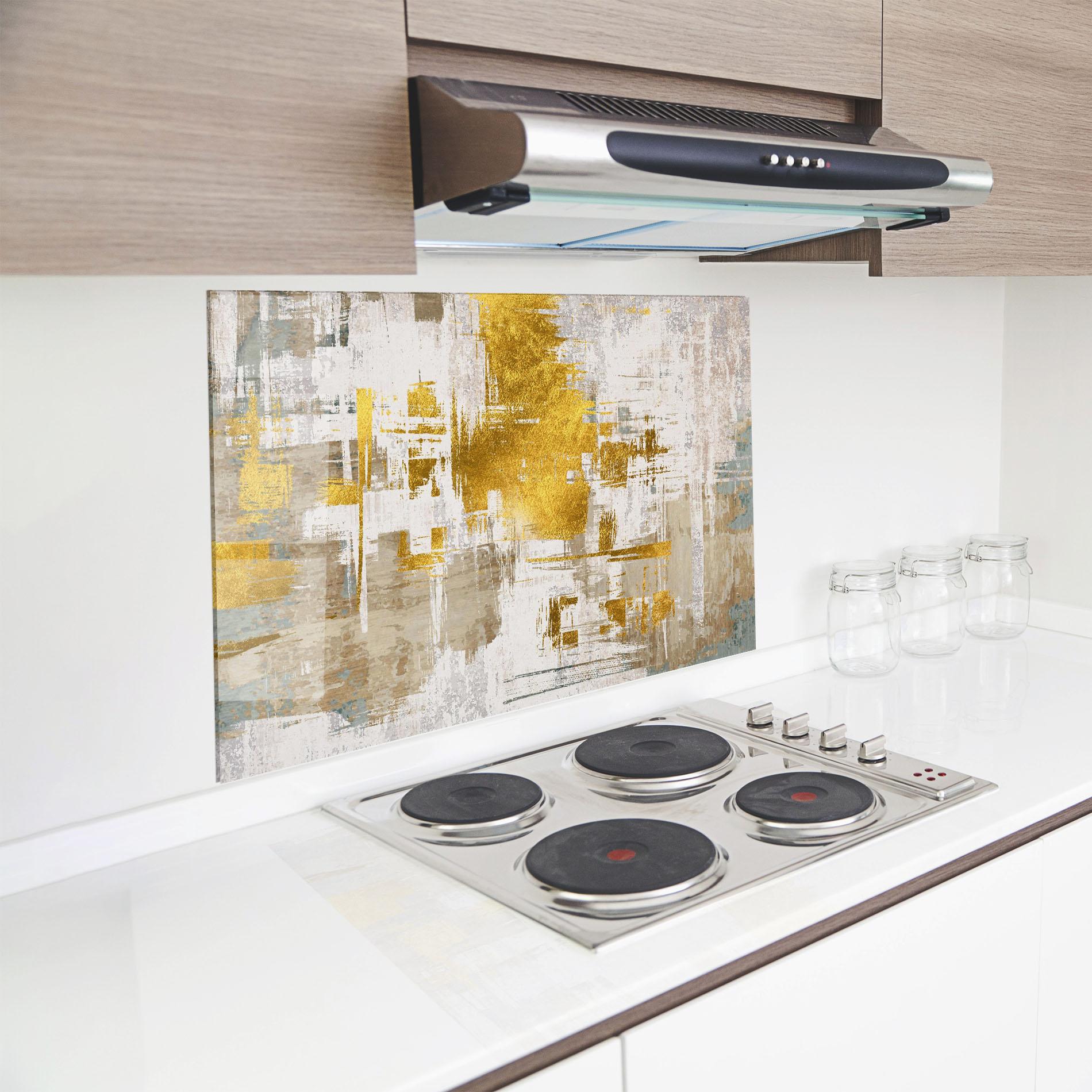 Küchenrückwand Glas Gold And White Brush mockup 8