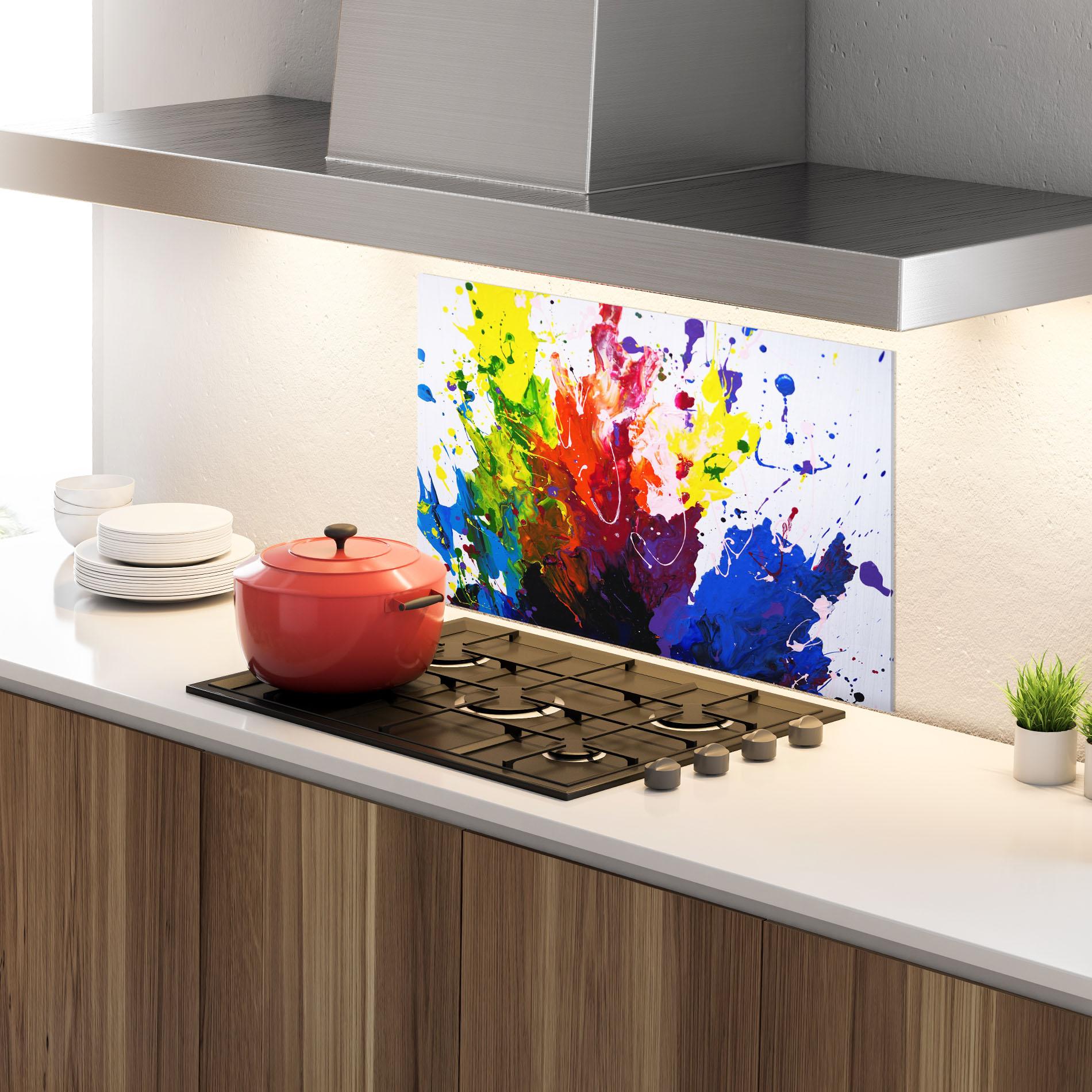 Küchenrückwand Glas Blue Purple Exploding mockup 4