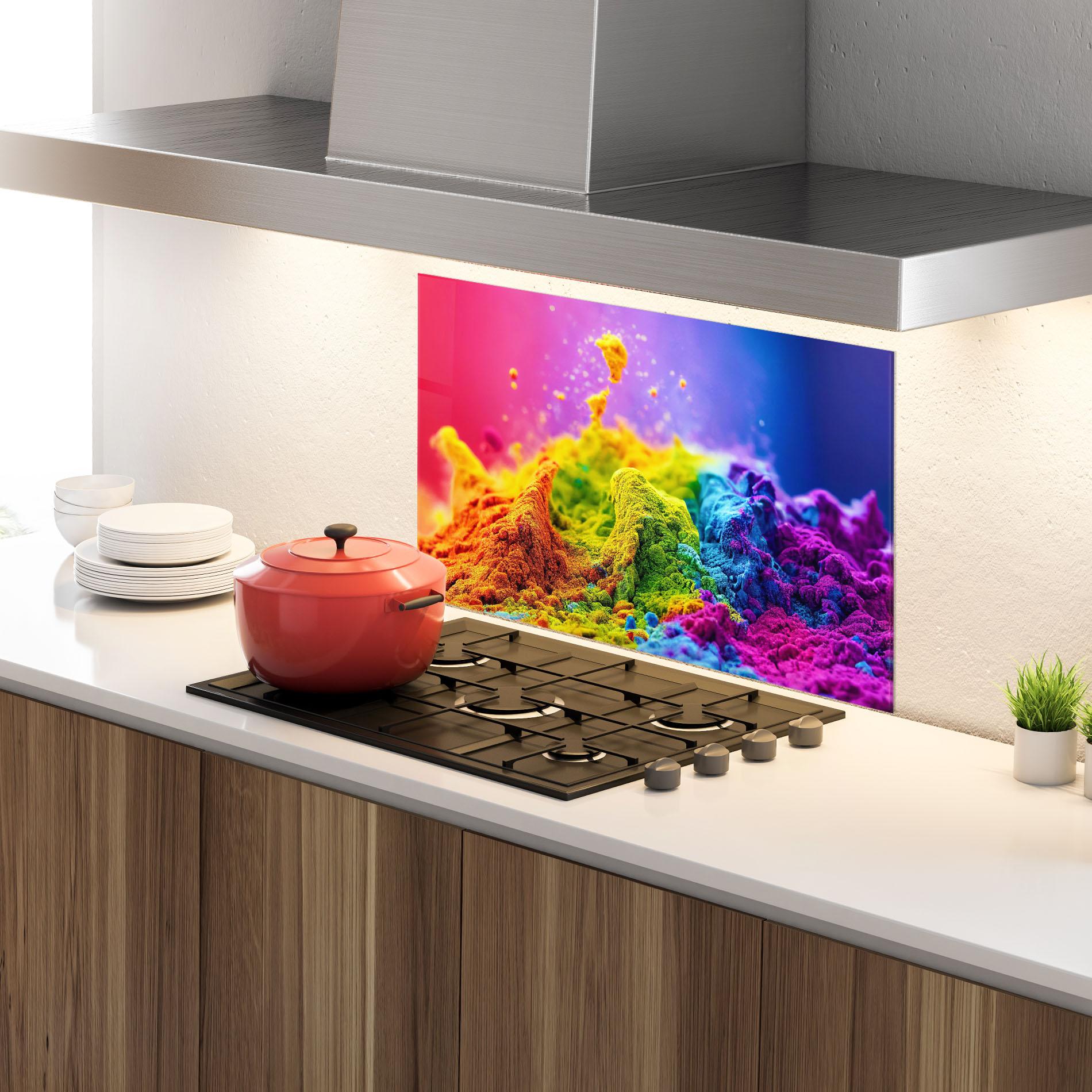 Küchenrückwand Glas Color Powder Explosion mockup 4