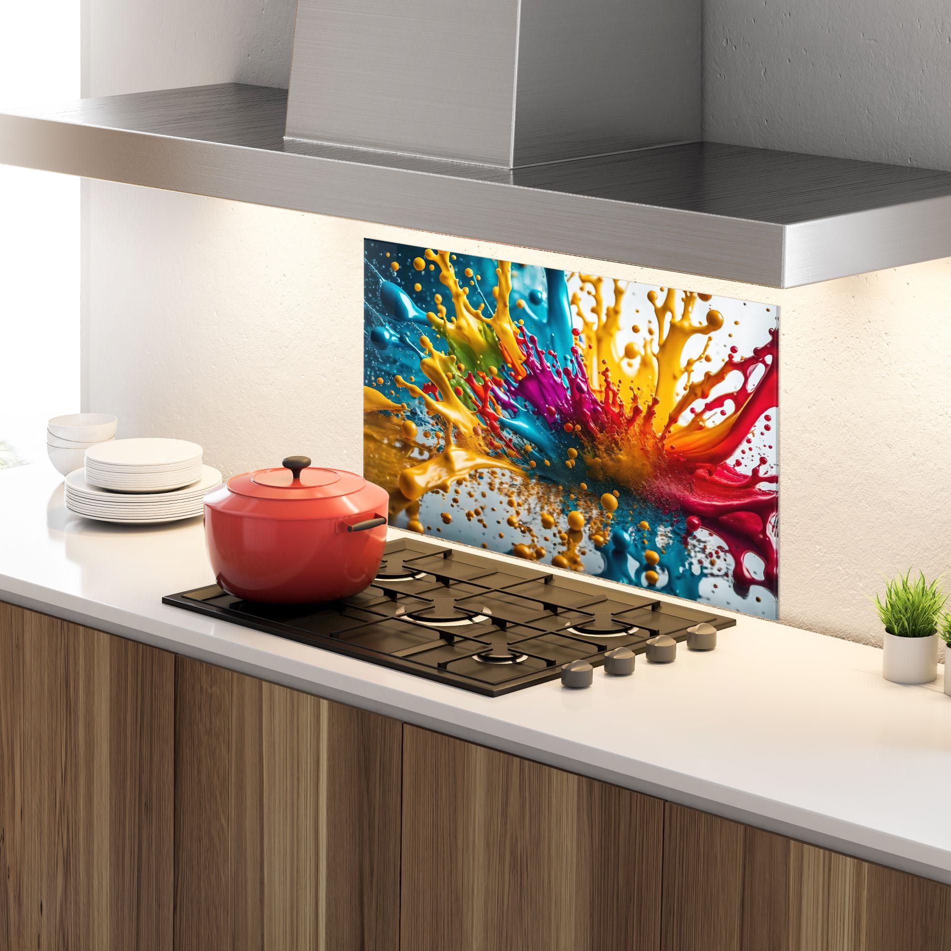 Küchenrückwand Glas Colorful Water Splash mockup 4