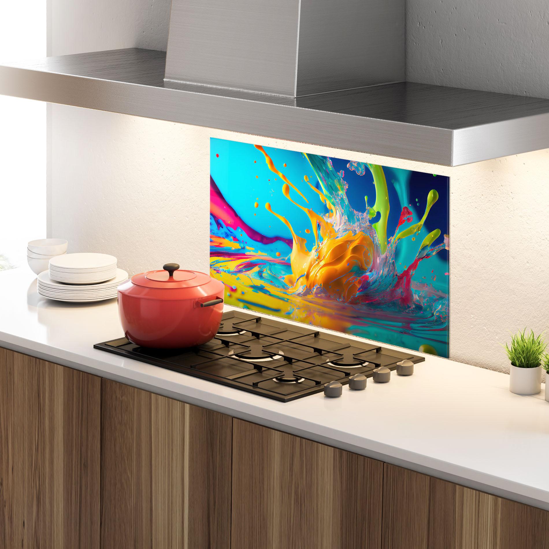 Küchenrückwand Glas Colorful Water Splashing mockup 4