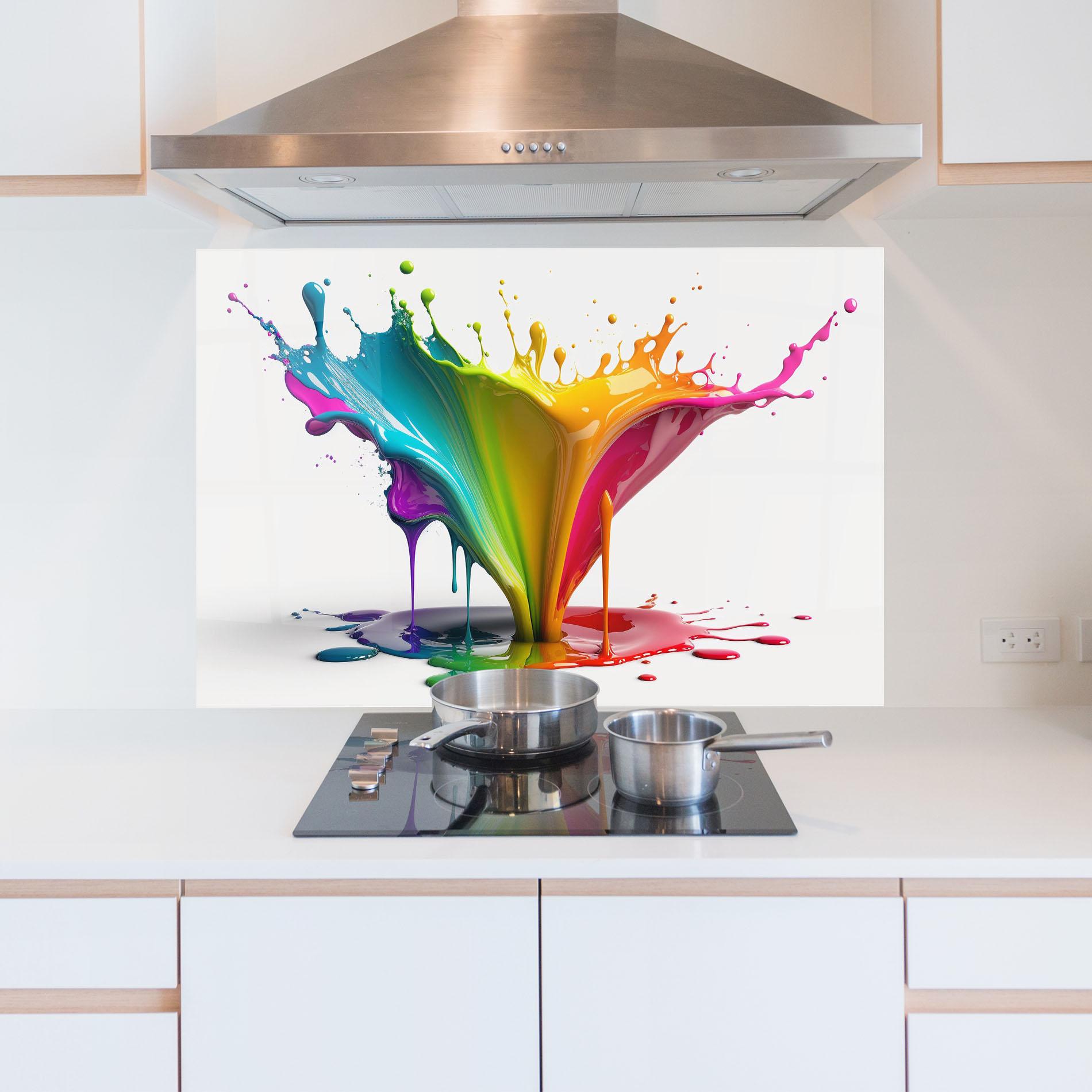Küchenrückwand Glas Exploding Yellow Liquid mockup 5