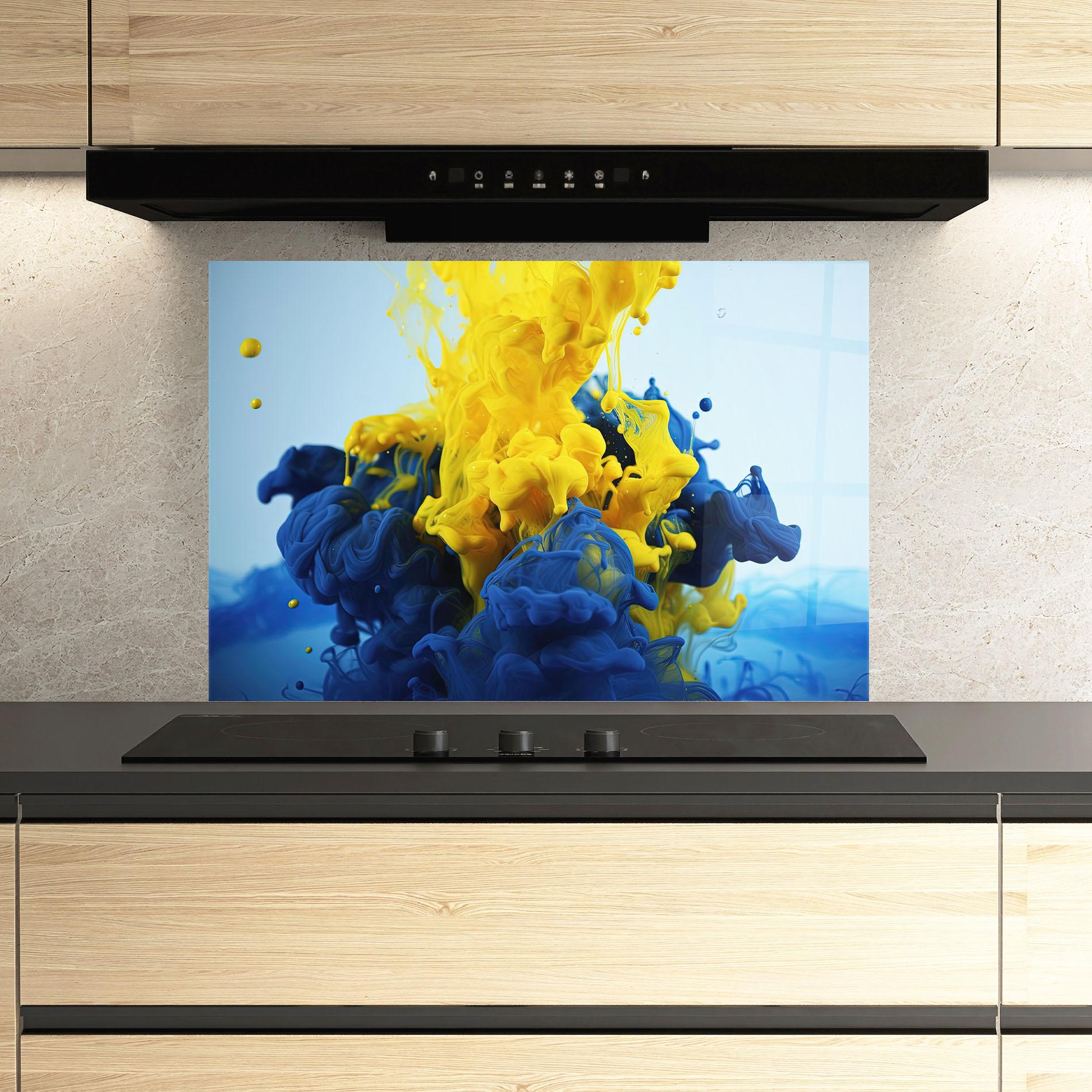Küchenrückwand Glas Blue Yellow Smoke mockup 3