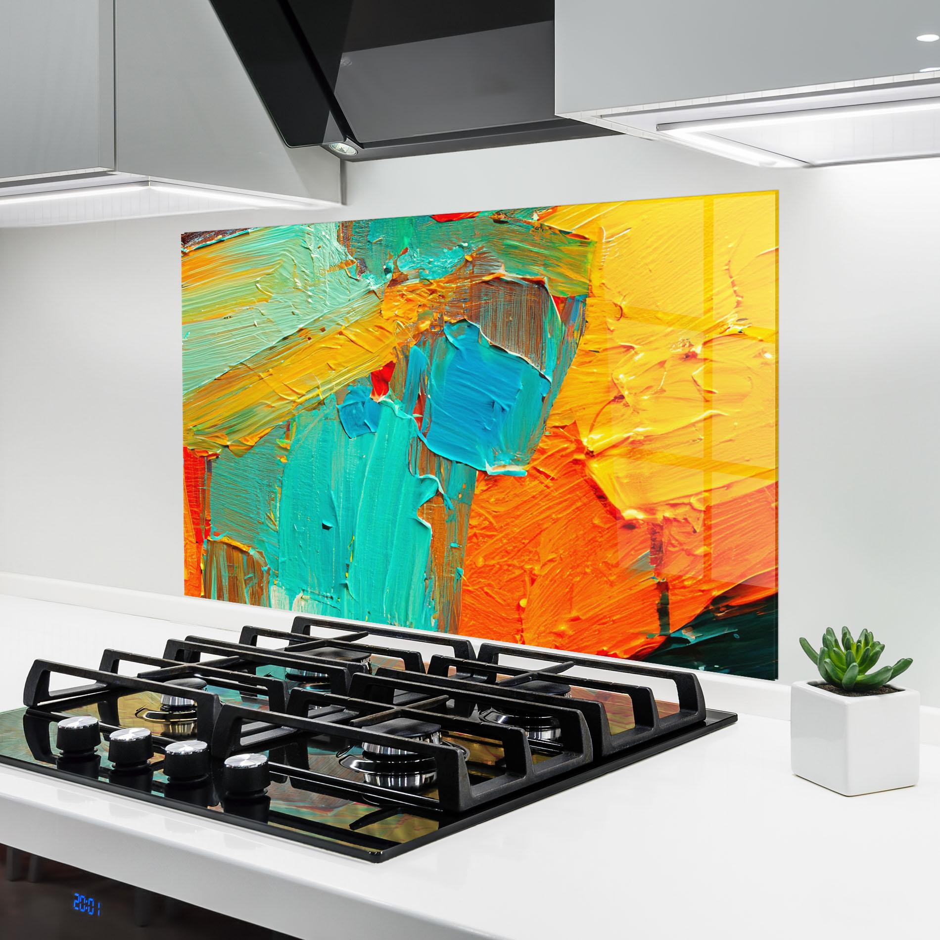 Küchenrückwand Glas Orange Blue Painting mockup 6