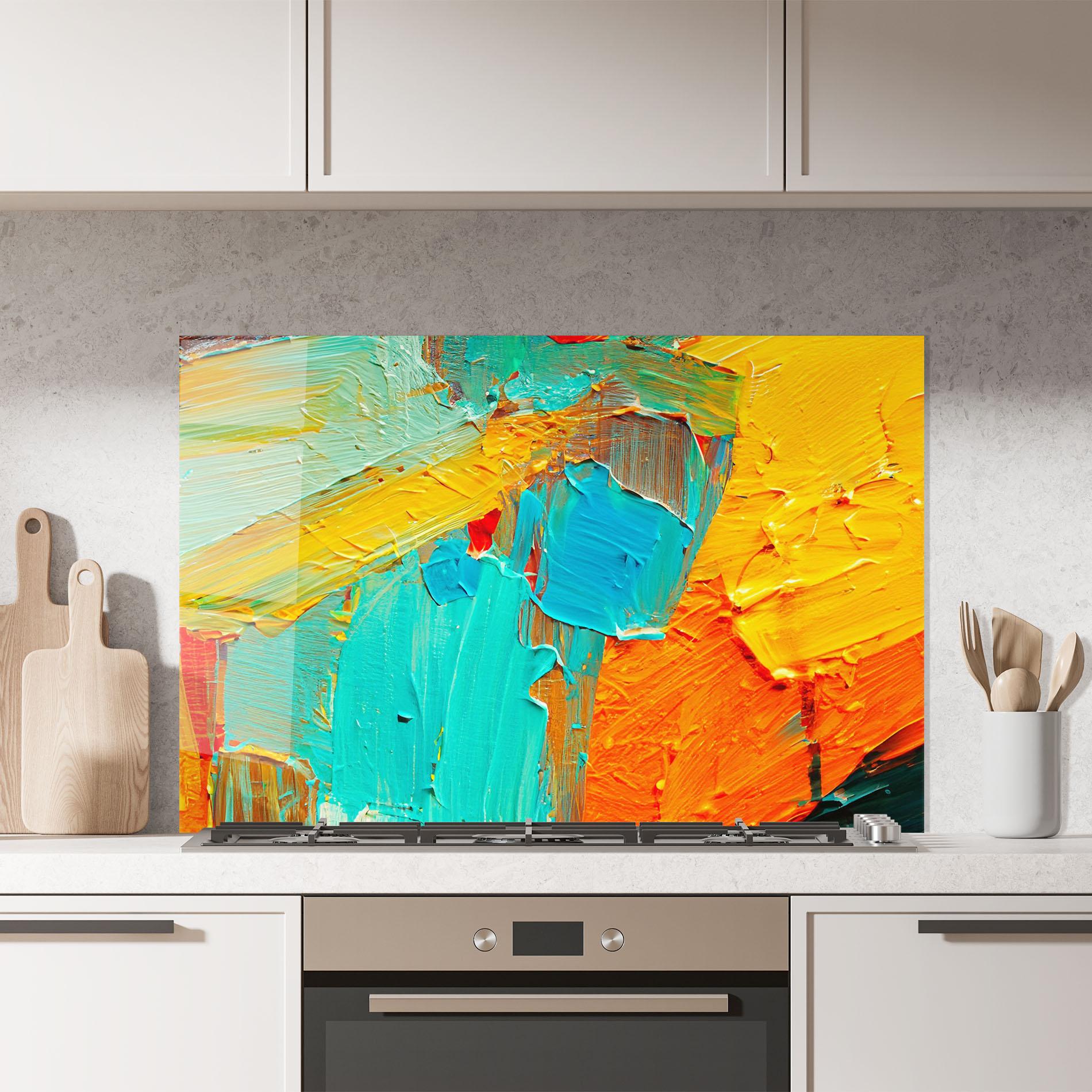 Küchenrückwand Glas Orange Blue Painting mockup 7