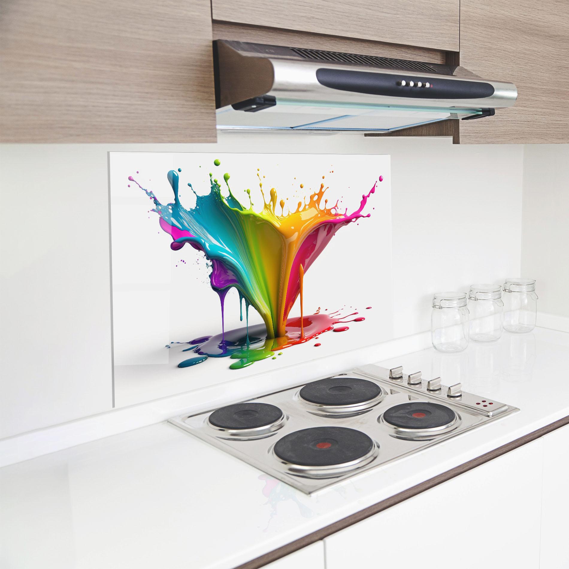 Küchenrückwand Glas Exploding Yellow Liquid mockup 8