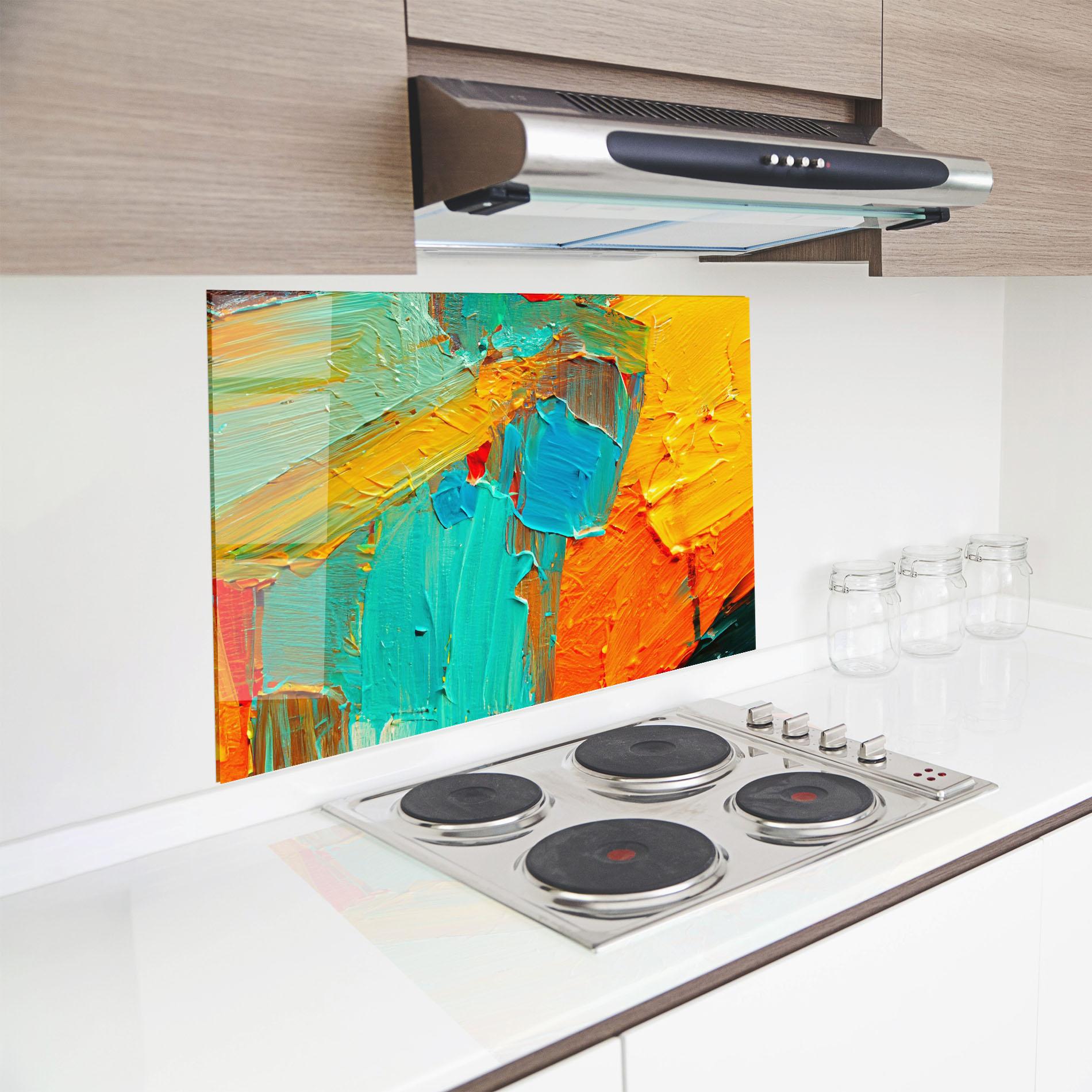 Küchenrückwand Glas Orange Blue Painting mockup 8
