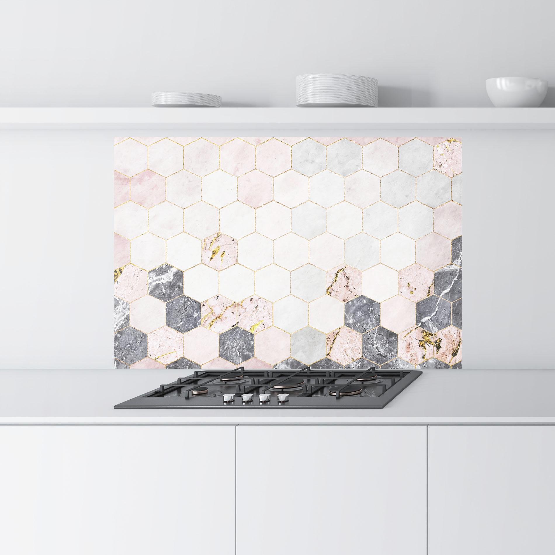 Küchenrückwand Glas Grey Pink Hexagon mockup 9