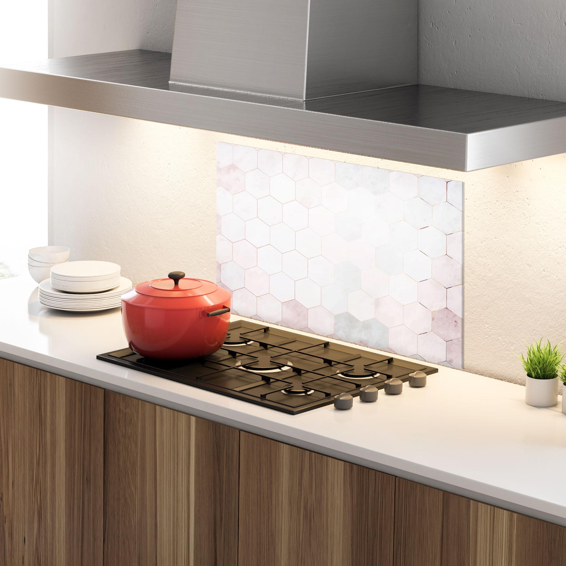 Küchenrückwand Glas Hexagon Pink mockup 4