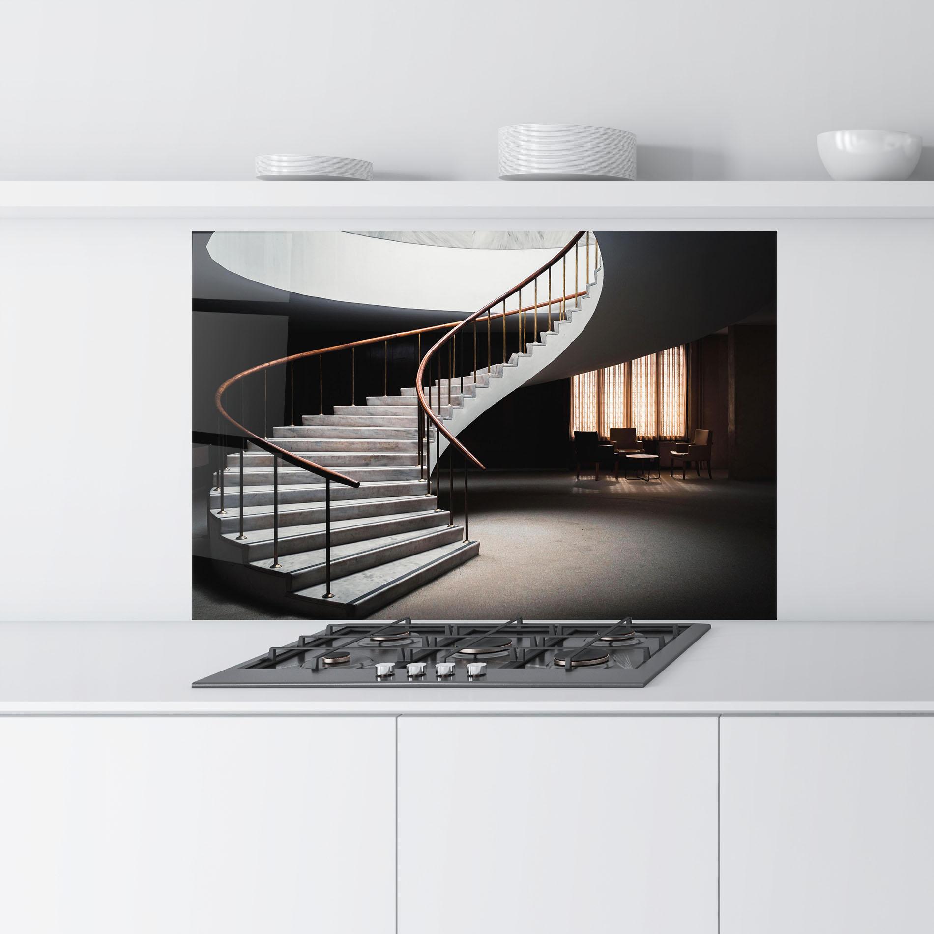 Küchenrückwand Glas Dark Room Stairs mockup 9