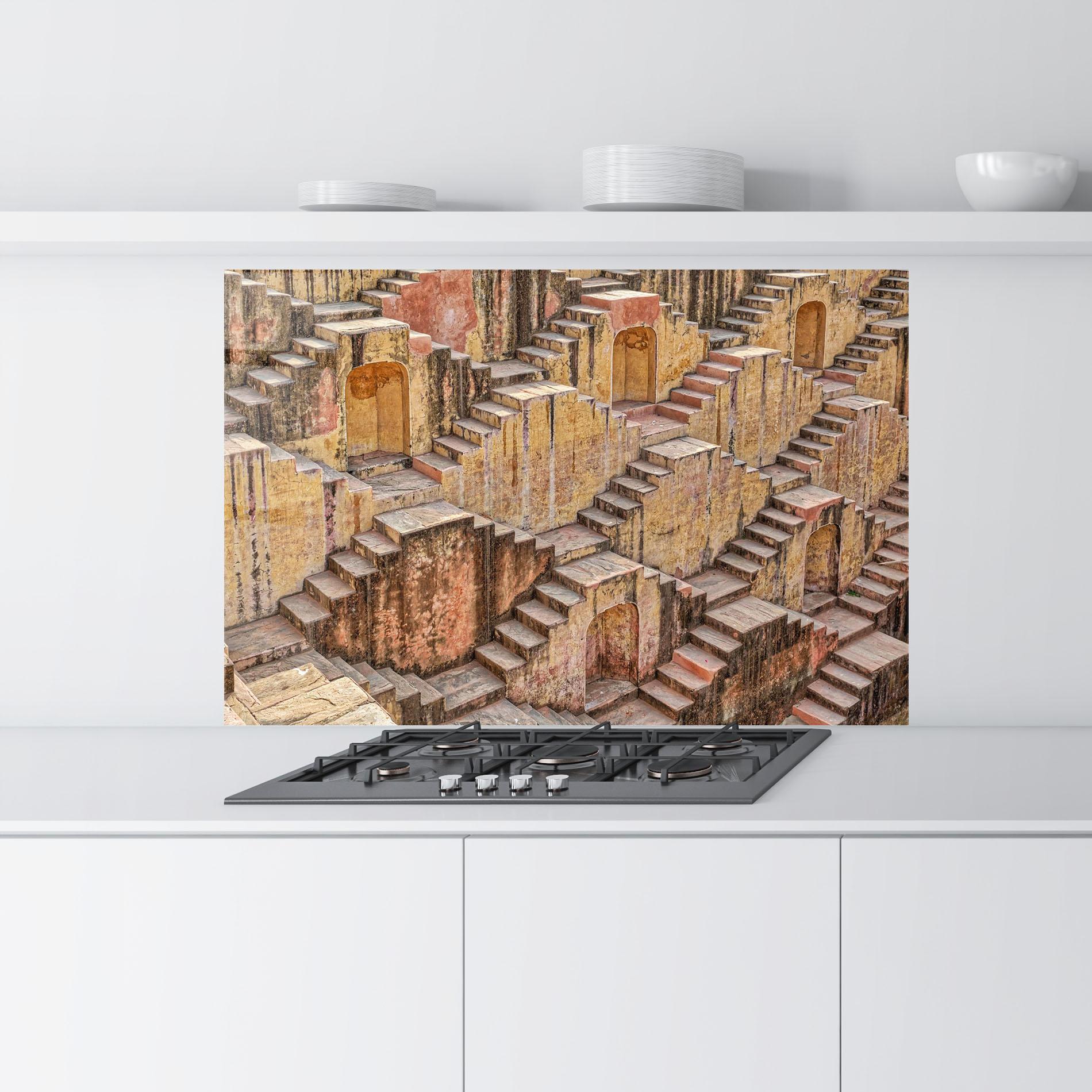 Küchenrückwand Glas Old Brown Stairs mockup 9