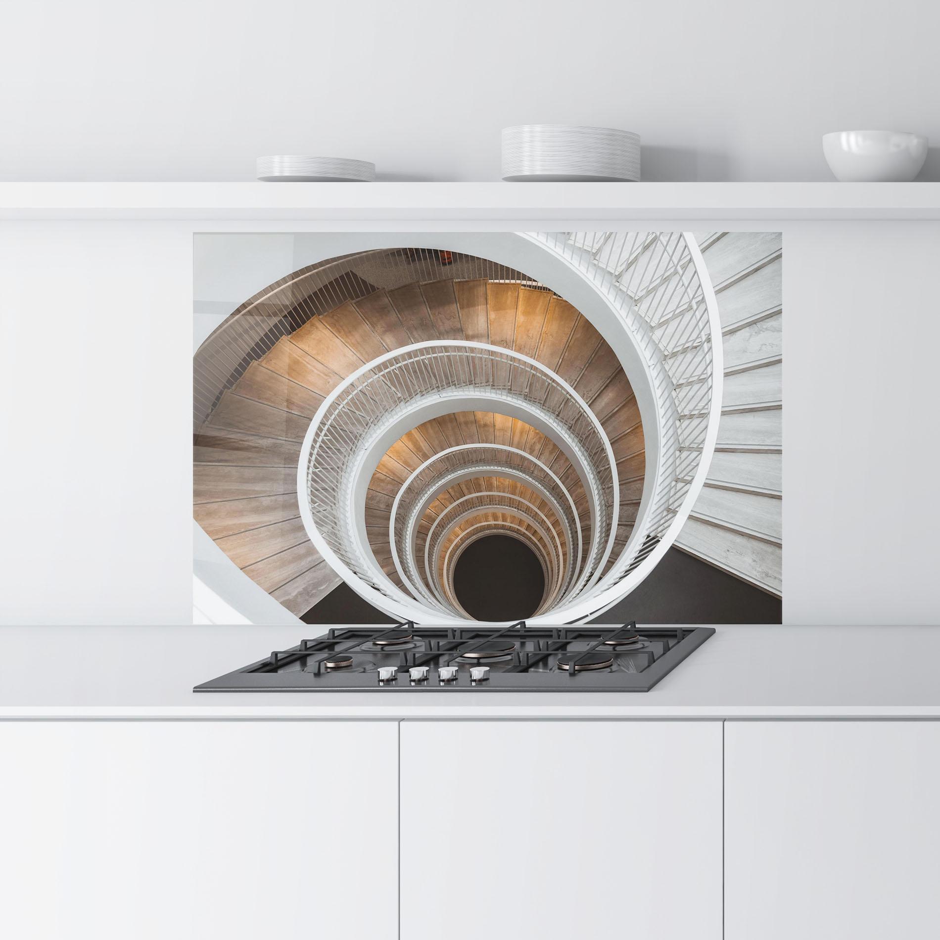 Küchenrückwand Glas White Spiral Stairs mockup 9