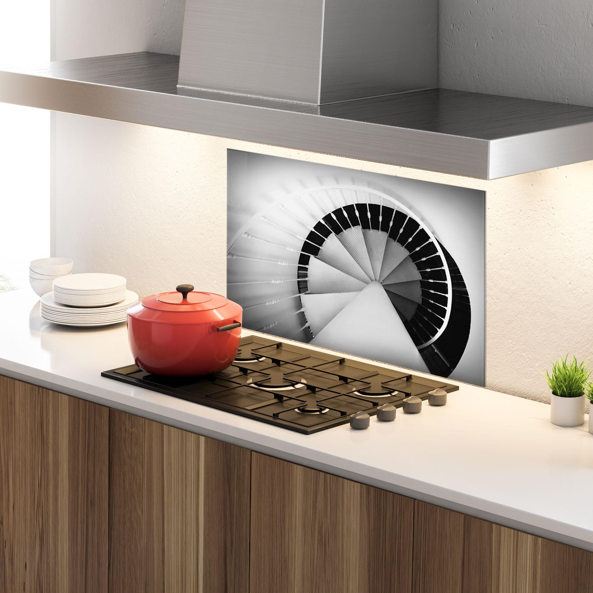 Küchenrückwand Glas Black Circle Stairs mockup 4