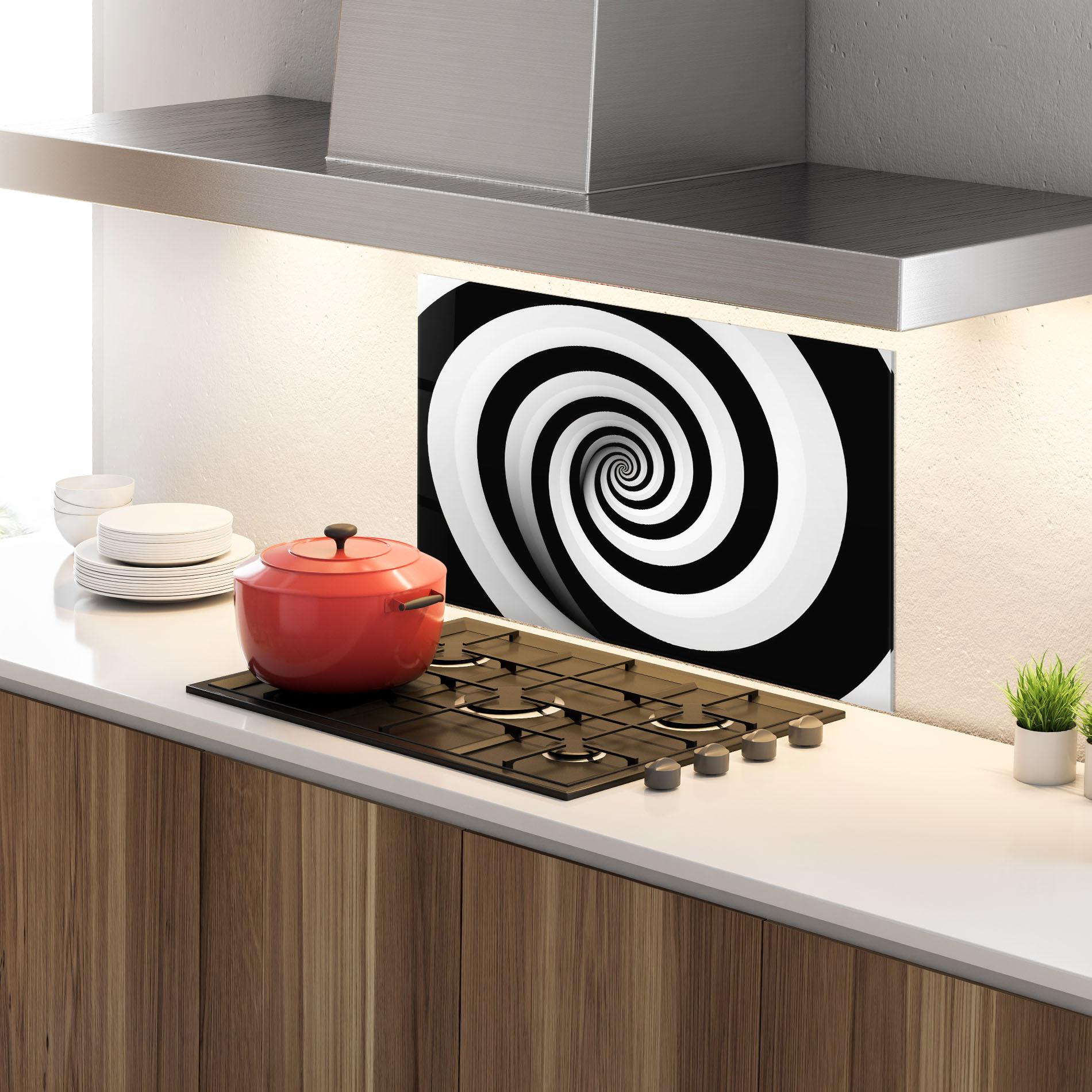 Küchenrückwand Glas Black White Spiral mockup 4