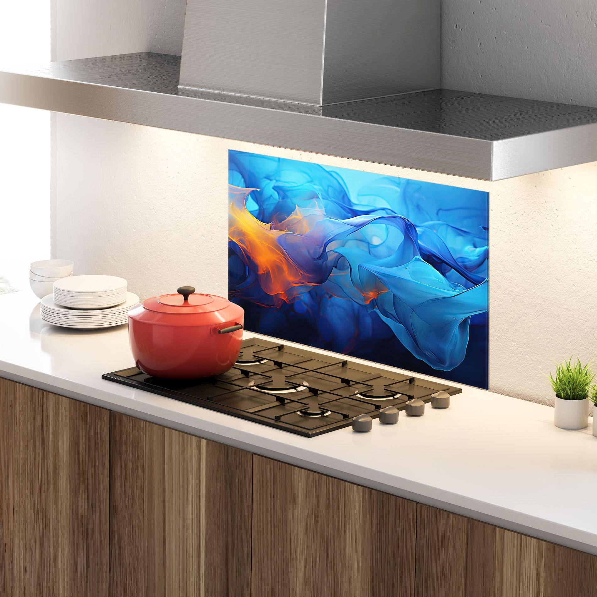 Küchenrückwand Glas Blue Orange Floating mockup 4