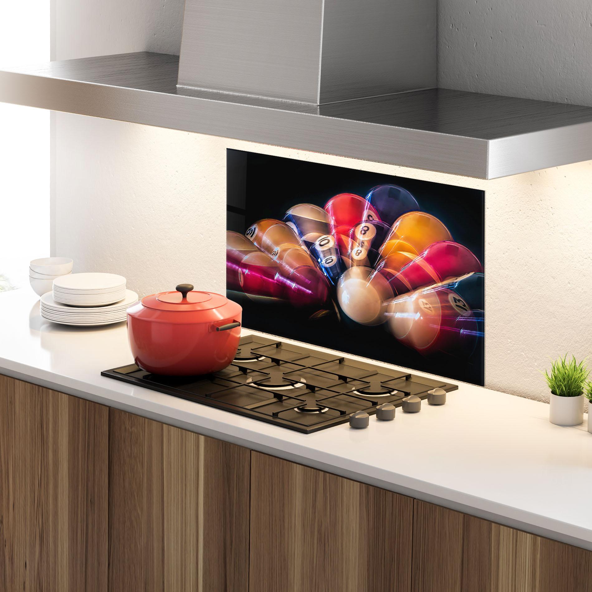Küchenrückwand Glas Bowling Balls mockup 4